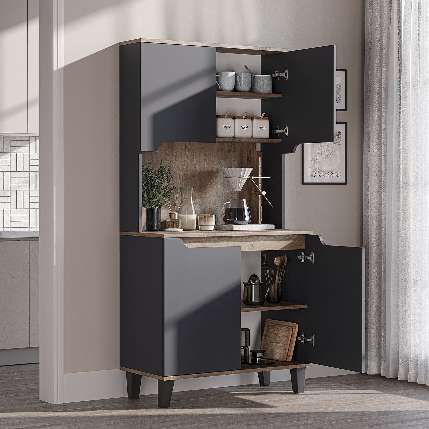Roomart Küchenbuffet DEFNE mit Nische Kaffeebar Mikrowellenschrank Vorratsschrank, 5 Farben Offene Nische für Kaffeemaschine, 4 Türfächer