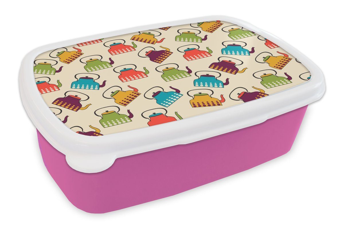 MuchoWow Lunchbox Design - Retro - Teekanne - Farben, Kunststoff, (2-tlg), Brotbox für Erwachsene, Brotdose Kinder, Snackbox, Mädchen, Kunststoff rosa