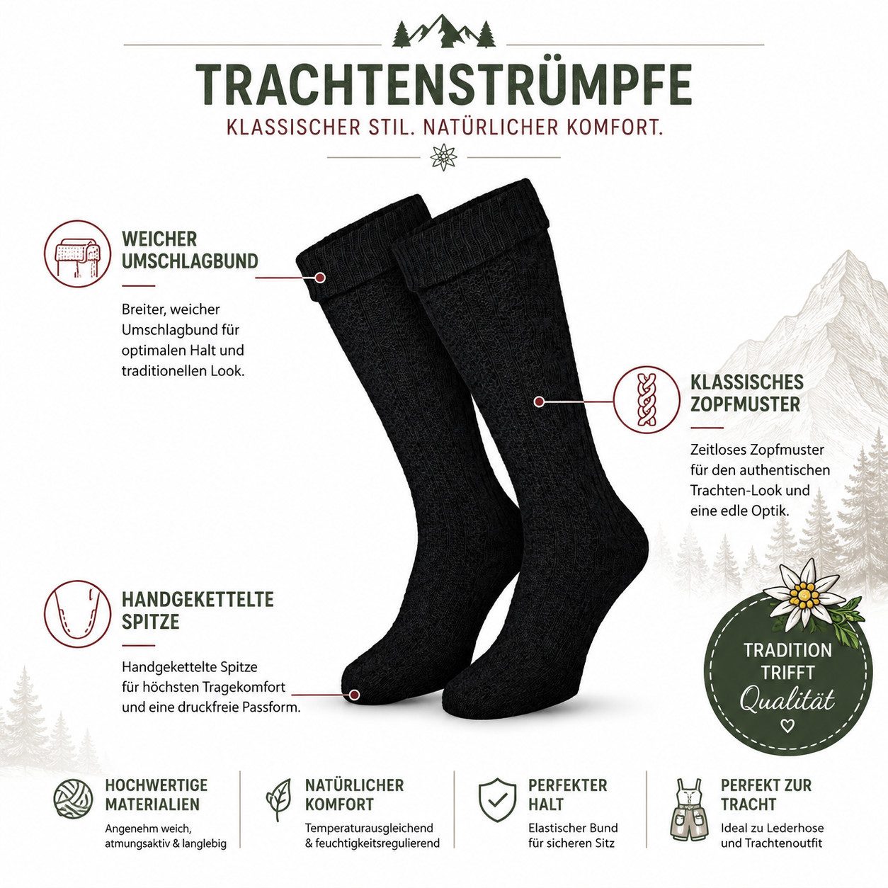 Black Snake Trachtensocken Kniebundstrümpfe mit Zopfmuster fürs Oktoberfest, Damen & Herren (Kniestrumpf, 1-Paar) Breiter Umschlagbund, Baumwollmix, atmungsaktiv, kniehoher Schaft