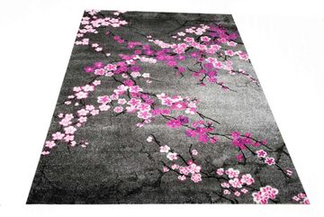 Teppich DESIGNER TEPPICH KURZFLOR BLUMEN GRAU PINK ROSA, Carpetia, rechteckig, Höhe: 13 mm
