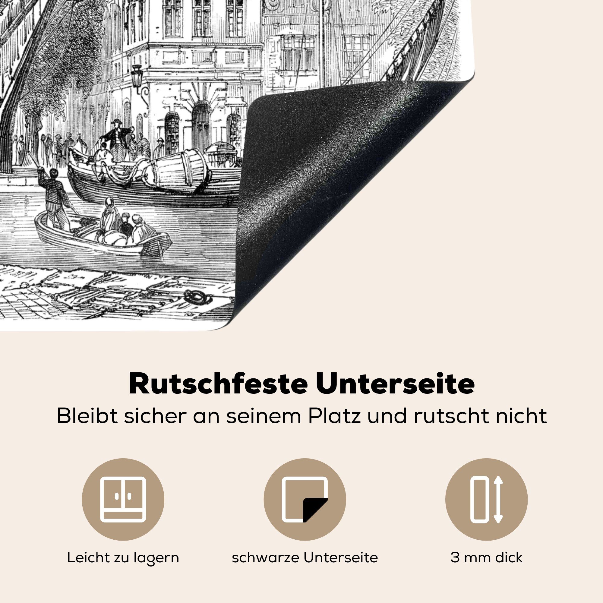 MuchoWow Herdblende-/Abdeckplatte Schwarz-Weiß-Illustration des Getreidemarktes (1 Vinyl, 60x52 tlg), in Haarlem, nutzbar, cm, Ceranfeldabdeckung Mobile Arbeitsfläche