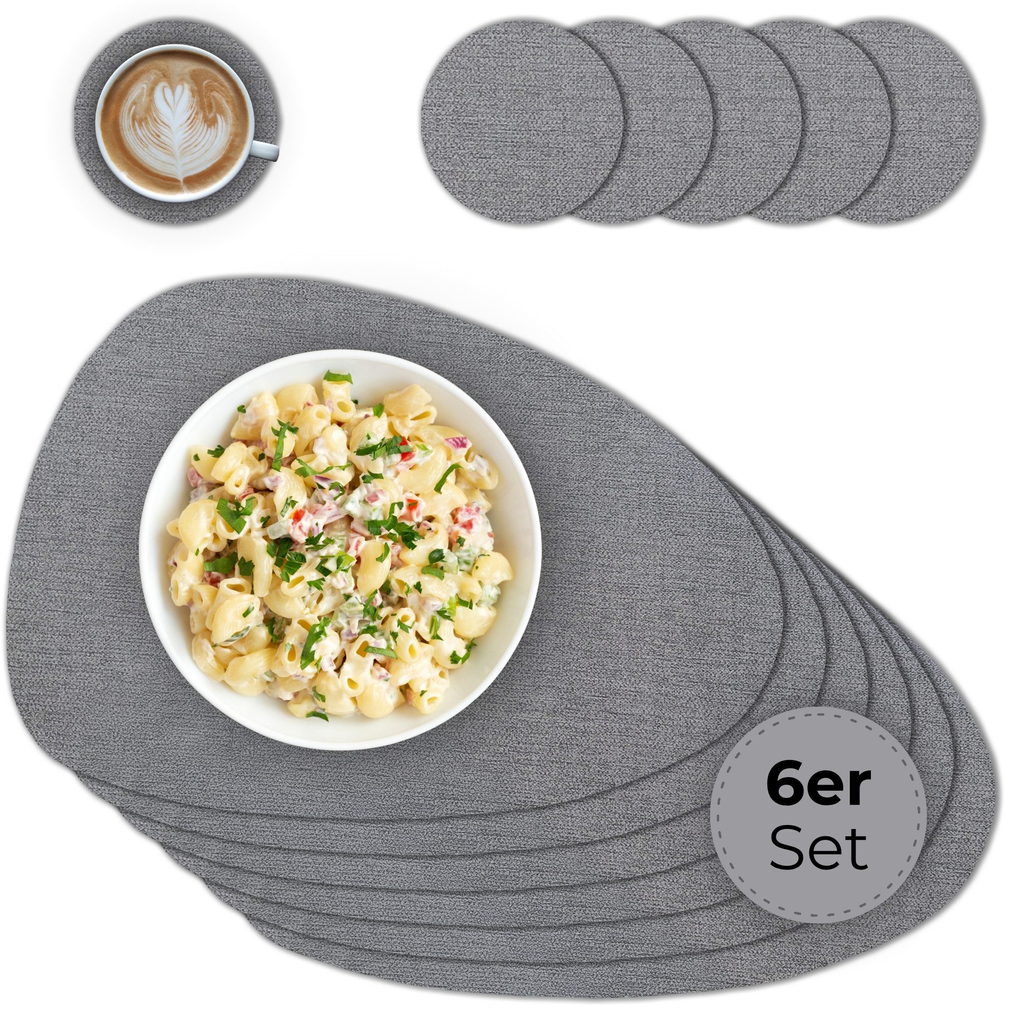 matches21 HOME & HOBBY Platzset Ovales Tischset mit Glasuntersetzer, 6er Set, in Grau meliert, (6-St), Hitzebeständige abwaschbare PVC Platzsets
