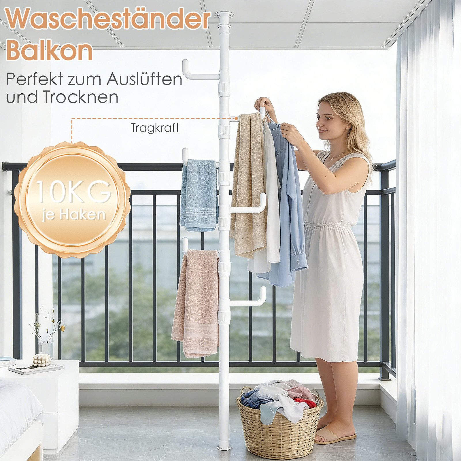 TWSOUL Teleskopregal Garderobenständer ausziehbar 6 Haken 100-310cm Teleskop Kleiderständer, platzsparend aus Metall, Schlafzimmer Balkon Flurgarderobe Badezimmer