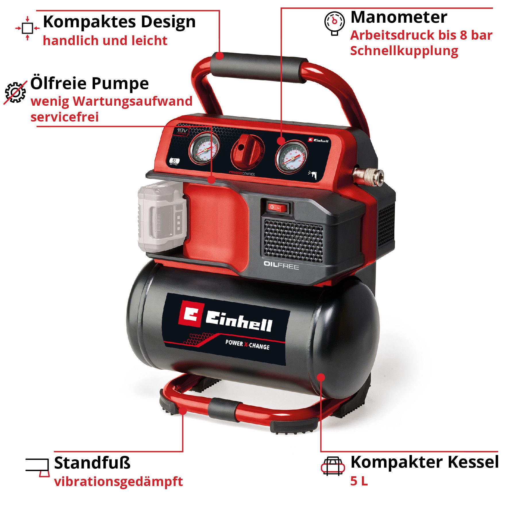 Einhell Kompressor Akku-Kompressor TE-AC 18/75 Li OF-Solo, max. 8 bar, ohne Akku und Ladegerät