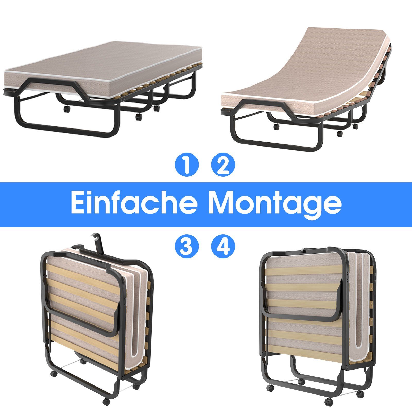 COSTWAY Gästebett klappbar, 90x200cm auf Rädern, mit Matratze, 120 kg günstig online kaufen