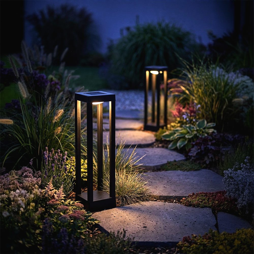 Harms Import LED Solarleuchte, LED-Leuchtmittel fest verbaut, Warmweiß, 2x LED Solarleuchte Stecklampe schwarz Akku IP44 warmweiß Erdspieß