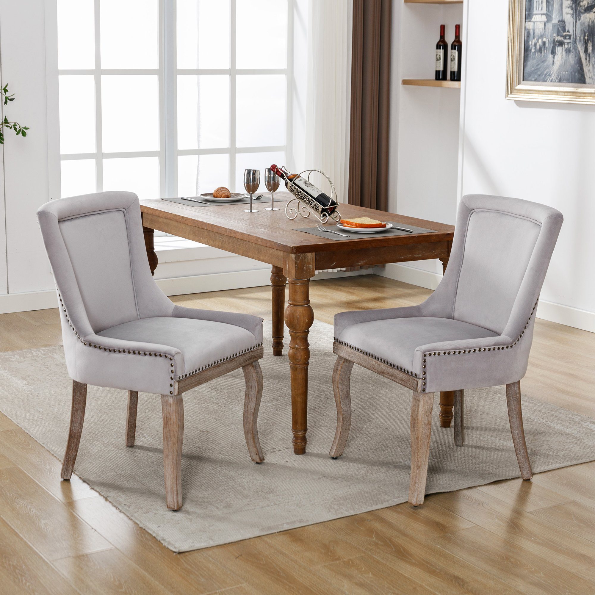 Esszimmerstuhl 2 St Küchenstuhl Polsterstuhl Wohnzimmer Massivholz Samt Beige/Grau