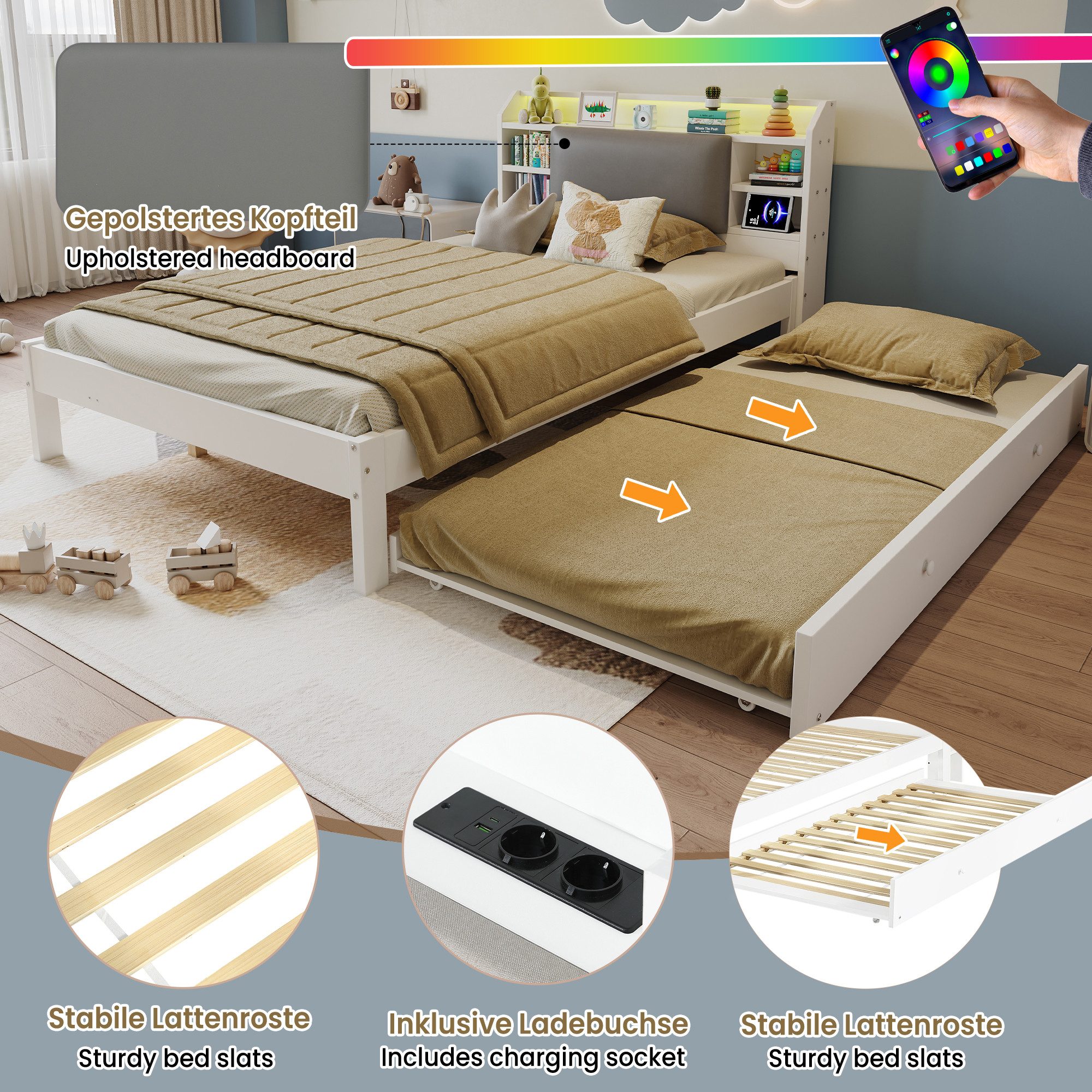 i@home Funktionsbett Holzbett 120x200 cm mit Ausziehbett 90x190 cm, weißes Funktionsbett, Kopfteilregal und Ladestation, Ausziehbett links/rechts montierbar