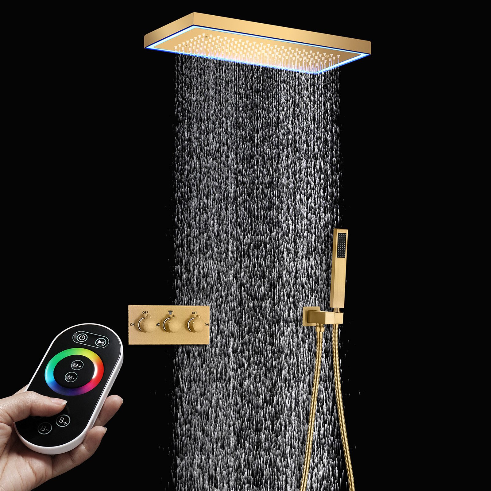 Oihpaw Duschsystem 400x200mm 64-farbiger LED-Musik-Duschkopf, Decken-Regenbrauseset, 2 Strahlart(en), 1 tlg., 2-Funktions-Hauptkörper mit Warm- und Kaltwasser, Mit Handbrause