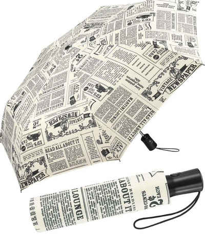 HAPPY RAIN Langregenschirm schöner Damen-Regenschirm mit Auf-Zu-Automatik, bedruckt mit Zeitungsmeldungen im Vintage-Stil