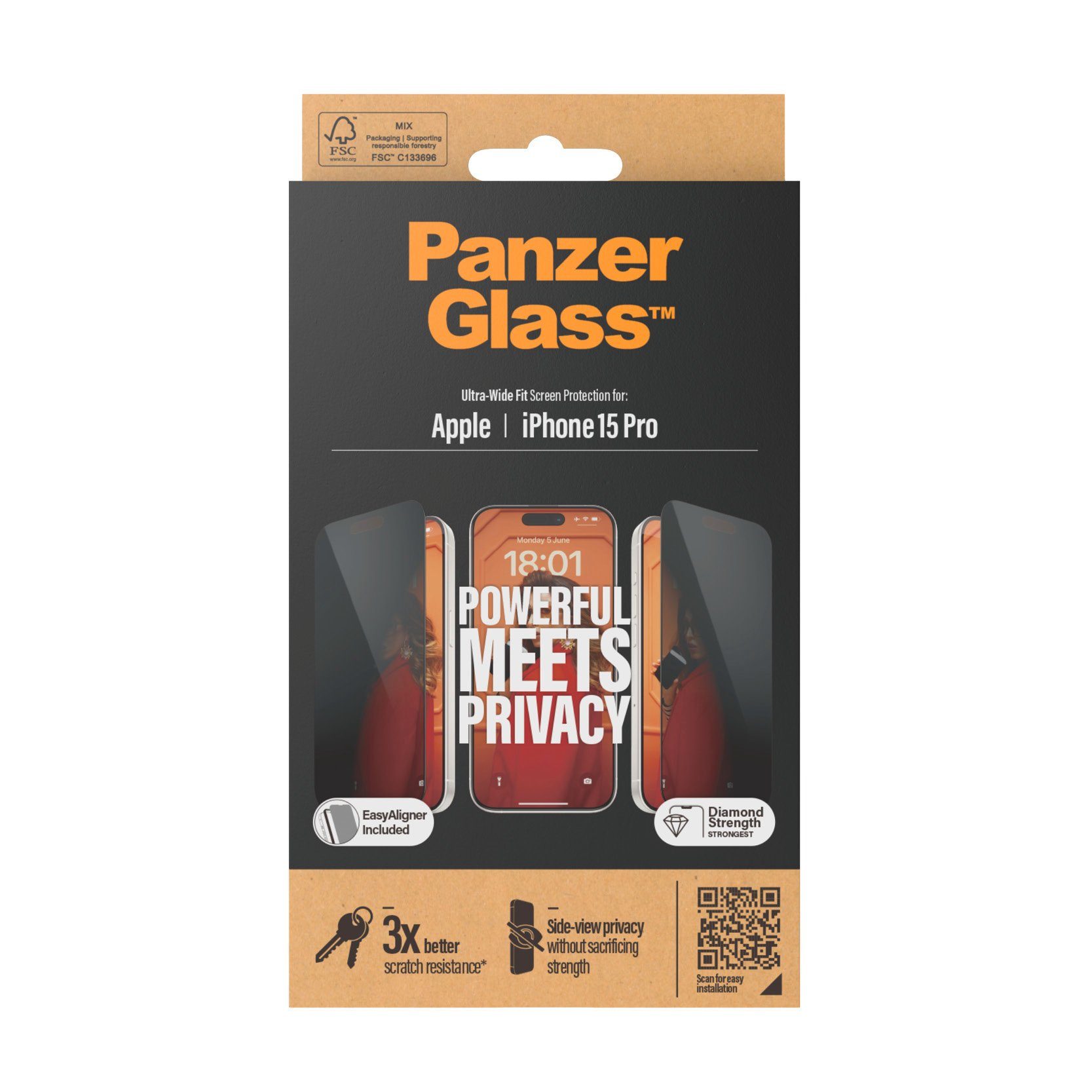 PanzerGlass Displayschutzglas Privacy Screen Protector Glass für iPhone 15 Pro, Ultra Wide Fit
