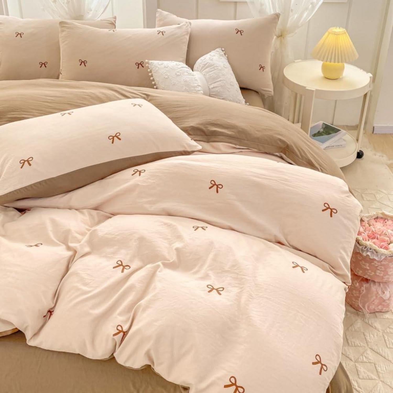 LuxusKollektion Wendebettwäsche Bettwäsche 135x200 4tlg Beige Braun Schleifen Vintage