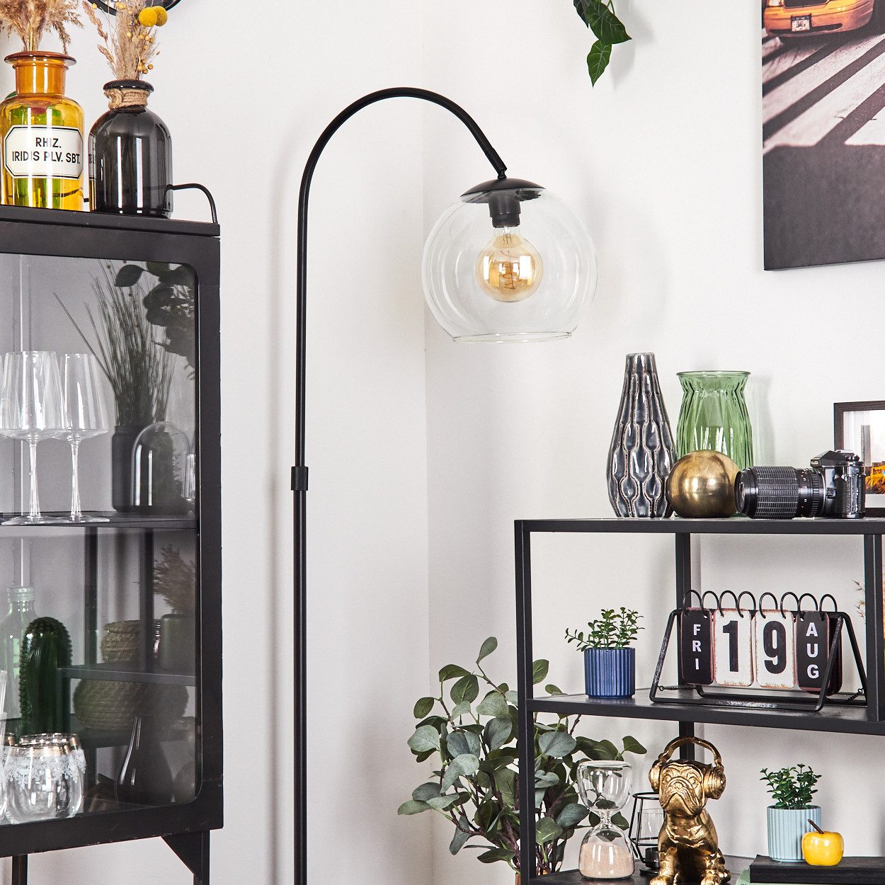 hofstein Bogenlampe Stehlampe aus Metall/Glas in Schwarz/Klar, ohne Leuchtmittel, moderne Retro Leuchte mit Glasschirmen (25 cm) u. Fußschalter, 1xE27