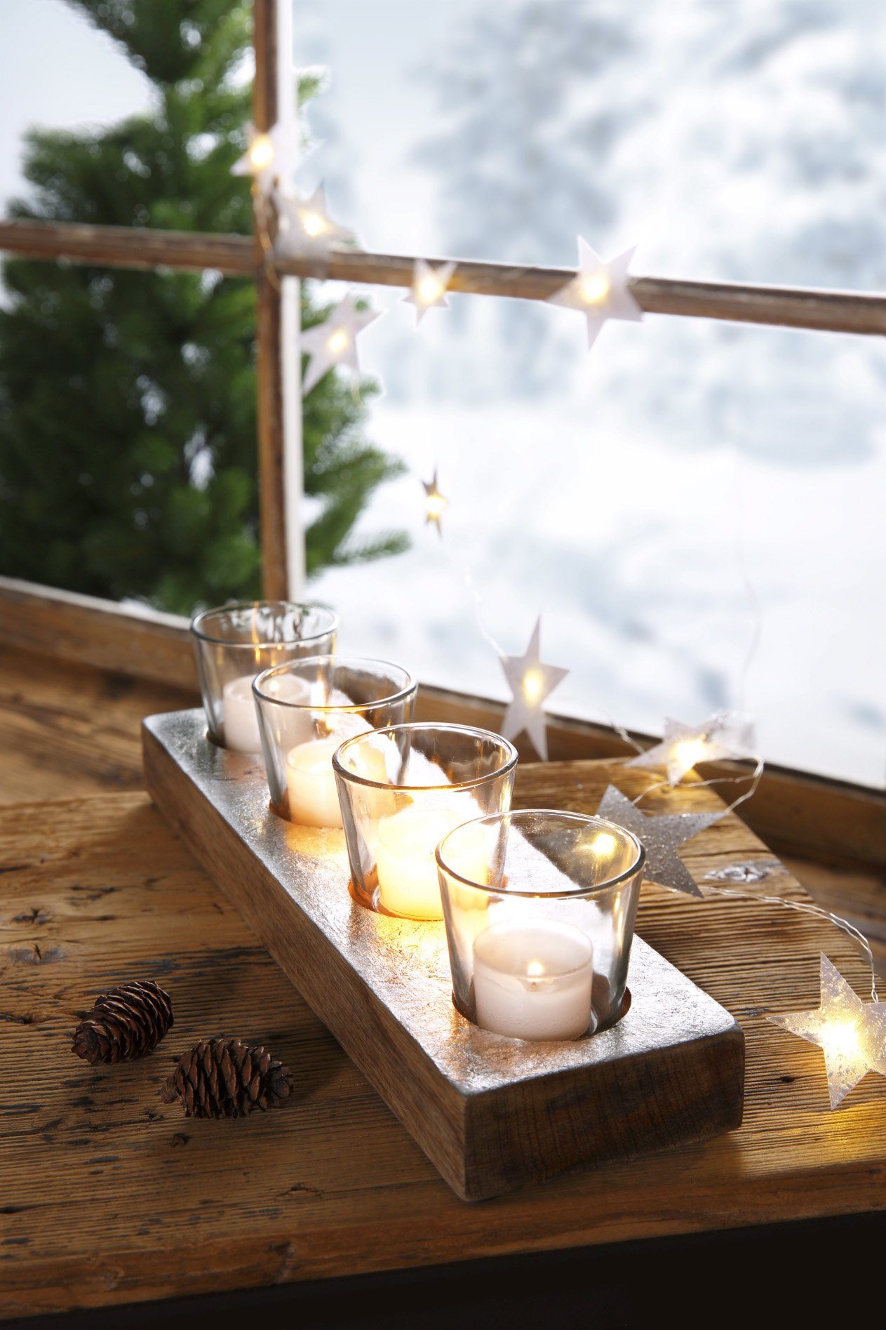 Creativ deco Teelichthalter gewischt, weiß Länge aus Holz, 35 cm massivem ca. Adventsleuchter, Weihnachtsdeko