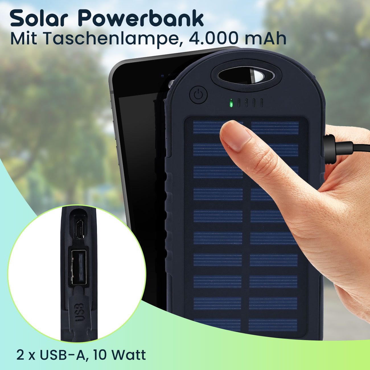 Casativo Solar Ladegerät 4000mAh Powerbank mit Taschenlampe Outdoor Akku Solar Powerbank, 157g Outdoor-Powerbank mit stoßfesten Gummi-Bumpern