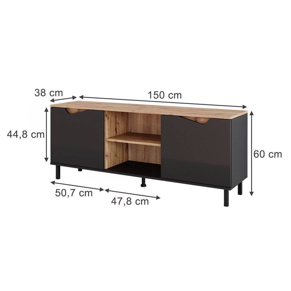 Vicco Lowboard Marelle, Anthrazit/Artisan/Artisan, 150 x 60 cm mit 2 Türen (1 St)