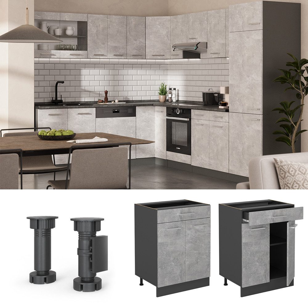 Vicco Unterschrank R-Line, Beton/Anthrazit, 60 cm mit Schublade, ohne Arbeitsplatte (1-St)