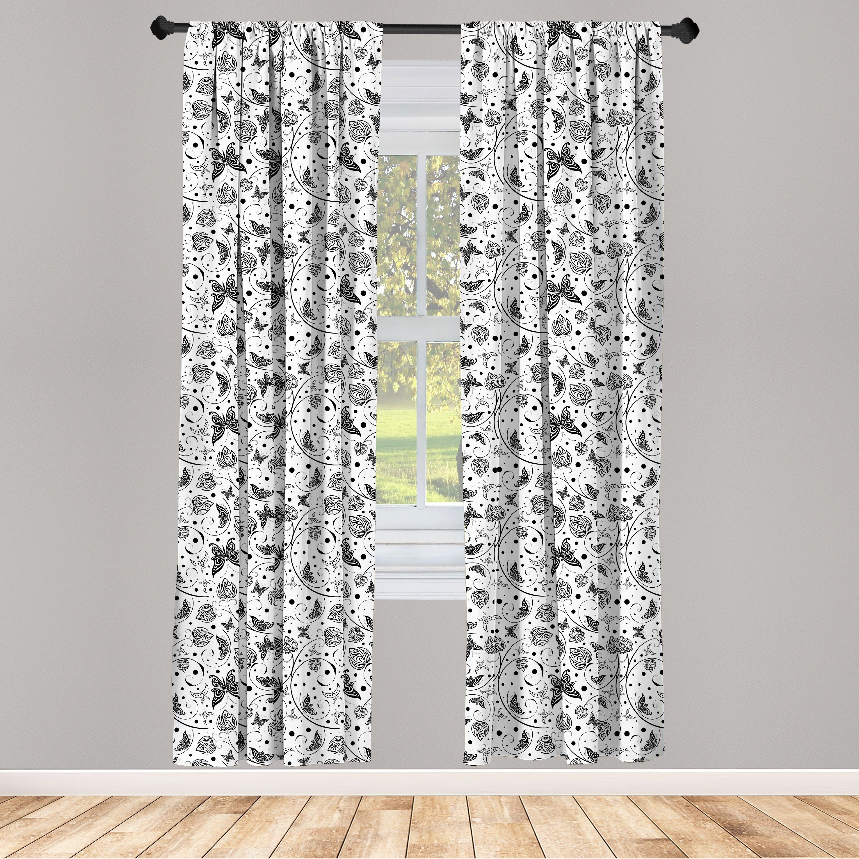 Gardine Vorhang für Wohnzimmer Schlafzimmer Dekor, Abakuhaus, Microfaser, Schwarz und weiß Abstrakte Flora