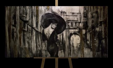 YS-Art Gemälde Filmstreifen, Menschen, Leinwand Bild Handgemalt Frau Regenschirm Gold Schwarz