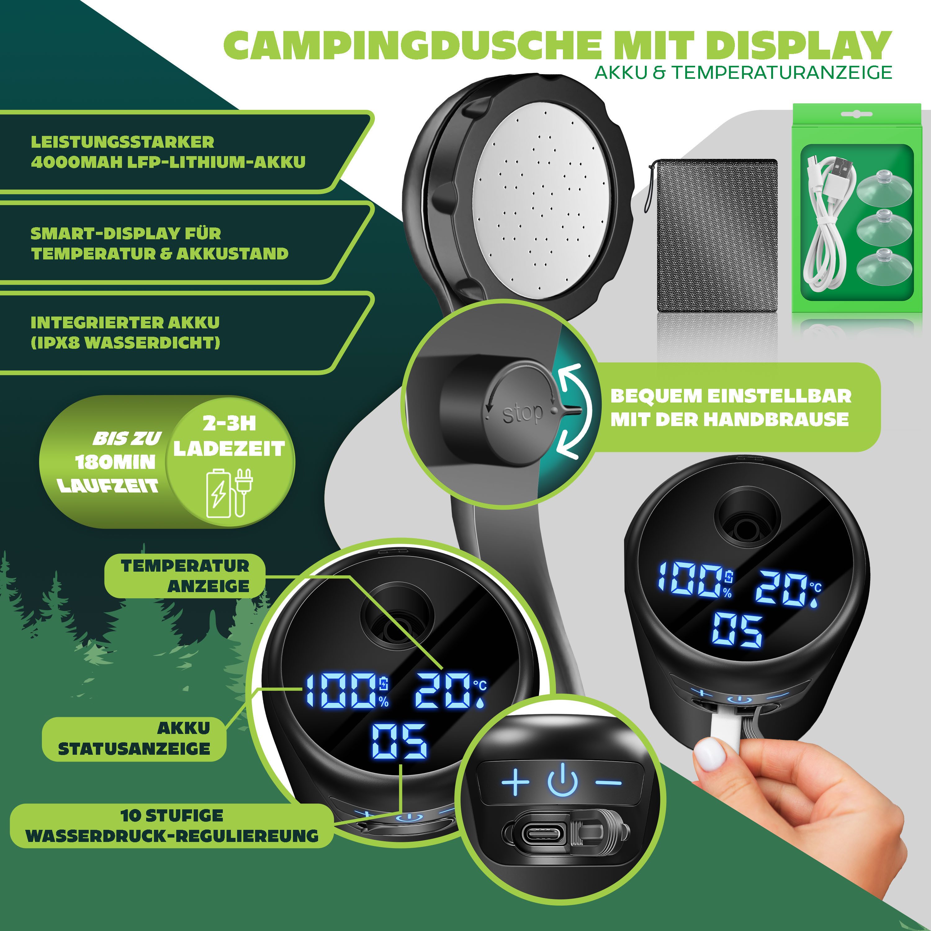 KESSER Gartendusche Campingdusche mit Pumpe & wiederaufladbarem Akku 4000mAh (Mobile Dusche inkl. Duschkopf, 2m Schlauch, Sprühpistole & Halterung), Outdoor Dusche