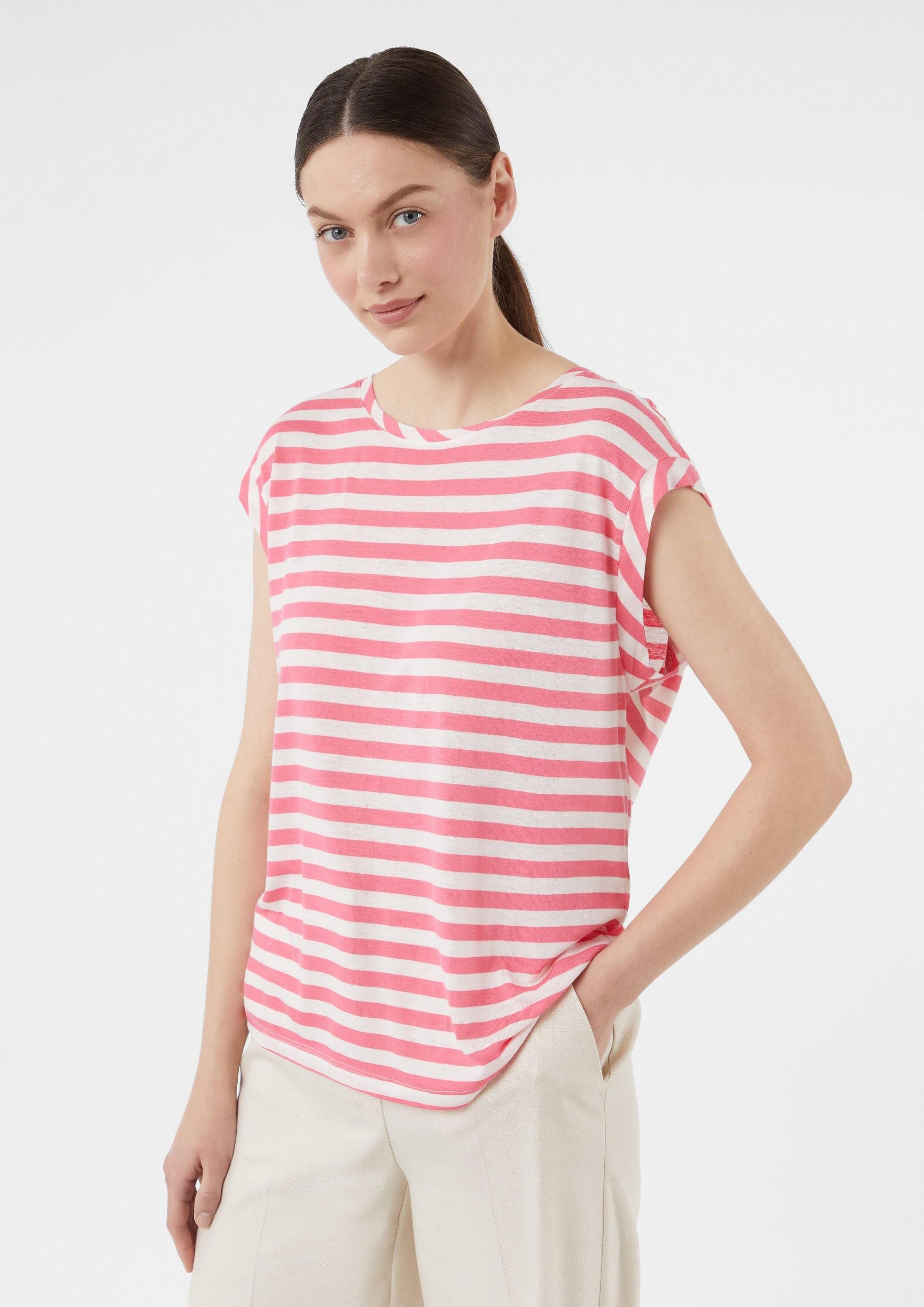 comma Kurzarmshirt T-Shirt Gestreiftes T-Shirt aus Leinenmix im Relaxed Fit