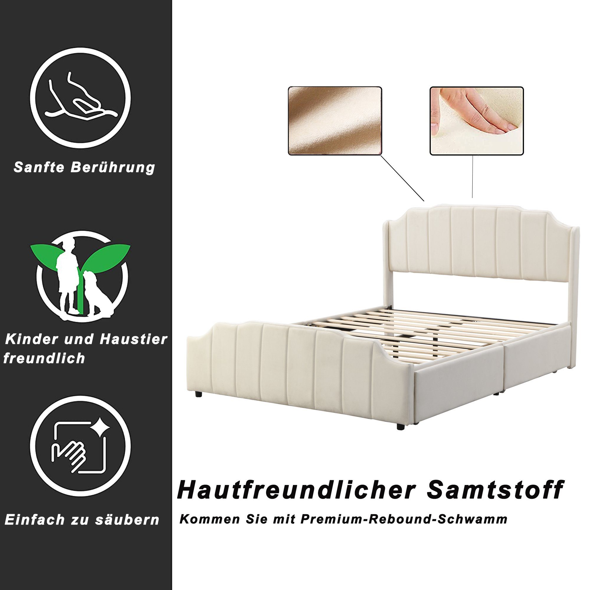 Polsterbett (Kinderbett), Doppelbett 140x200cm mit 2 Schubladen & Lattenrost, weicher Samt-Bezug