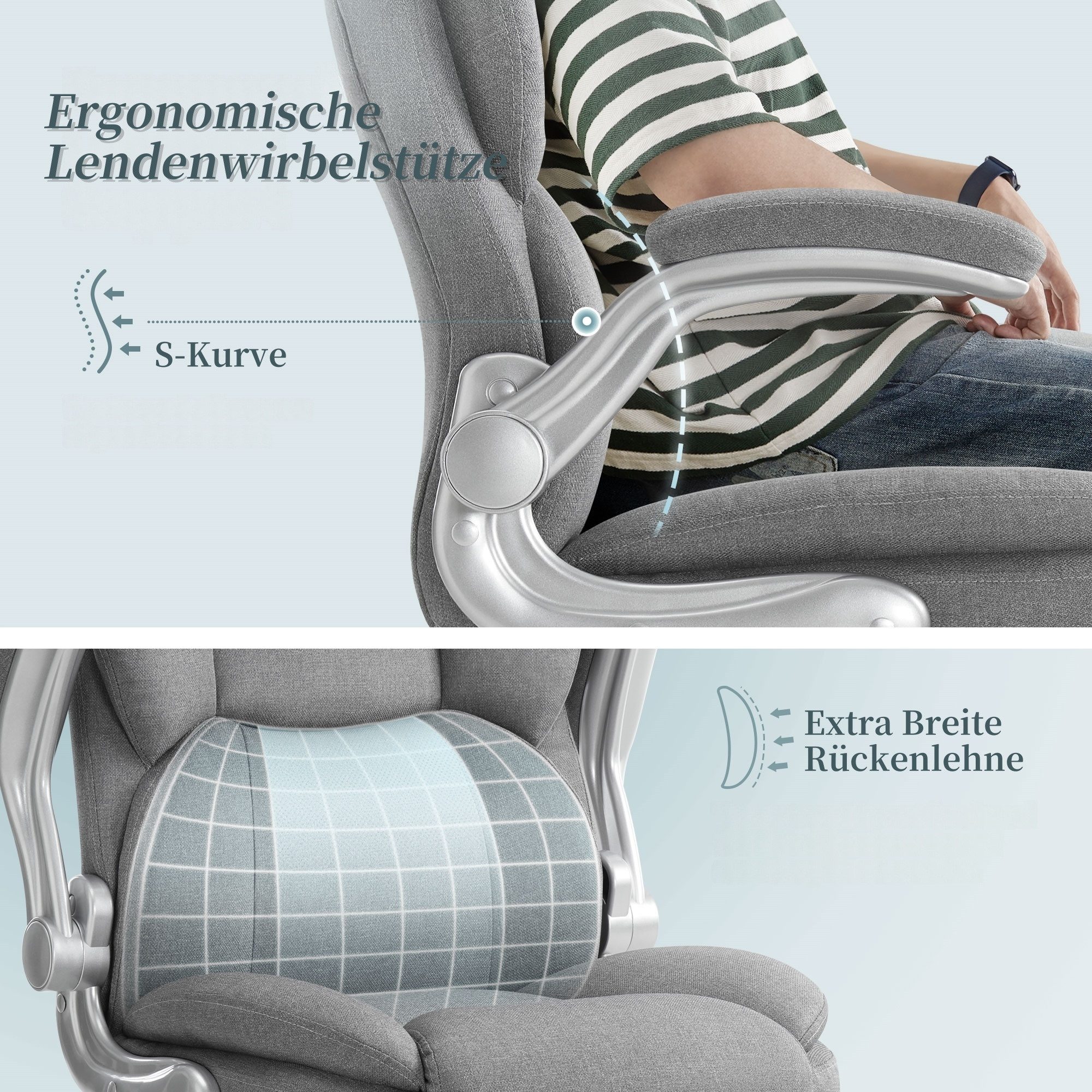IWMH Chefsessel Ergonomischer Bürostuhl, Höhenverstellbar Schreibtischstuhl (Stoff Schreibtischstuhl), Drehstuhl mit klappbarer Armlehnen und Lendenwirbelstütze