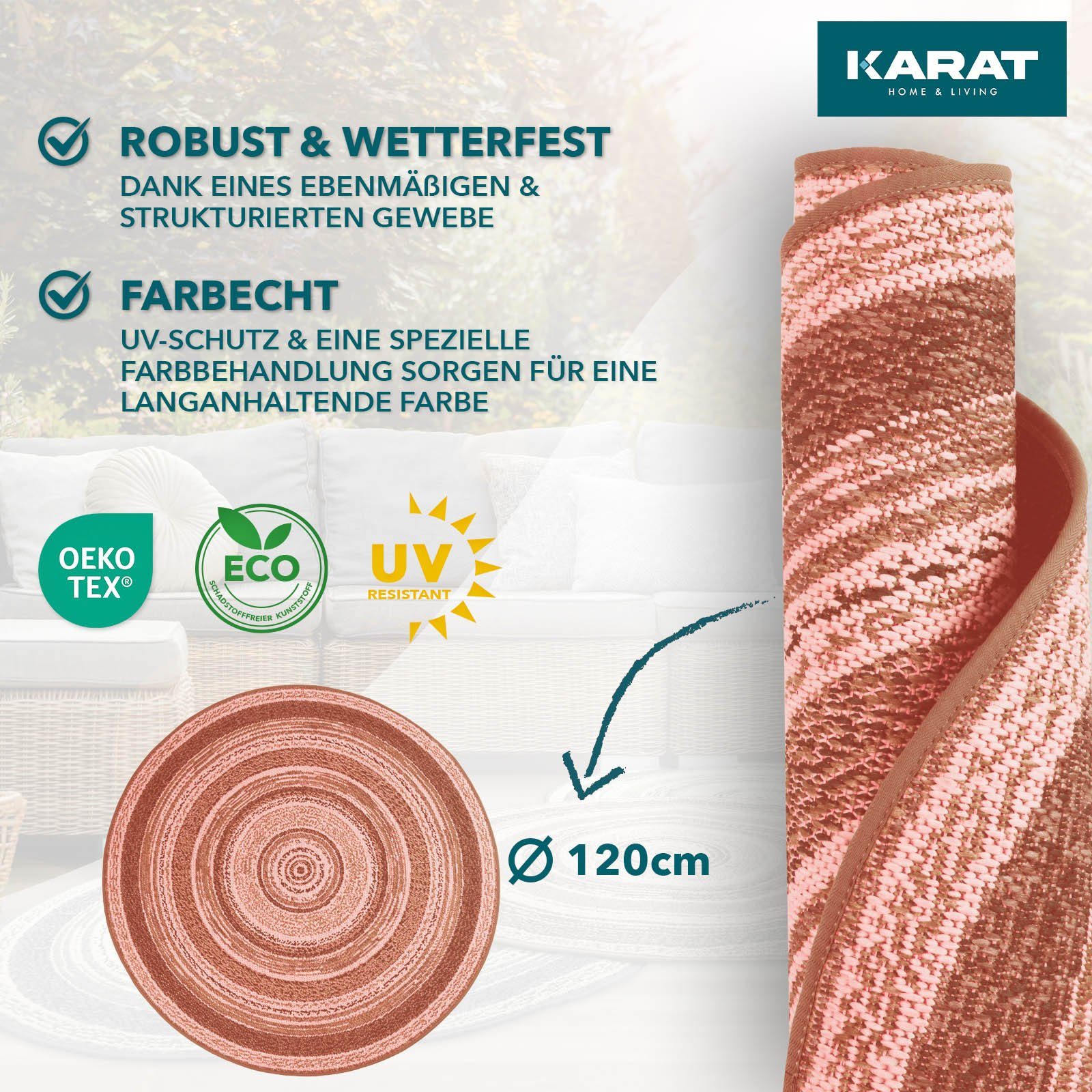 Karat Teppich Zoe, Erhältlich in 4 Farben, Wohnteppich, Rund, Höhe: 7 mm, pflegeleicht, Wohnzimmer