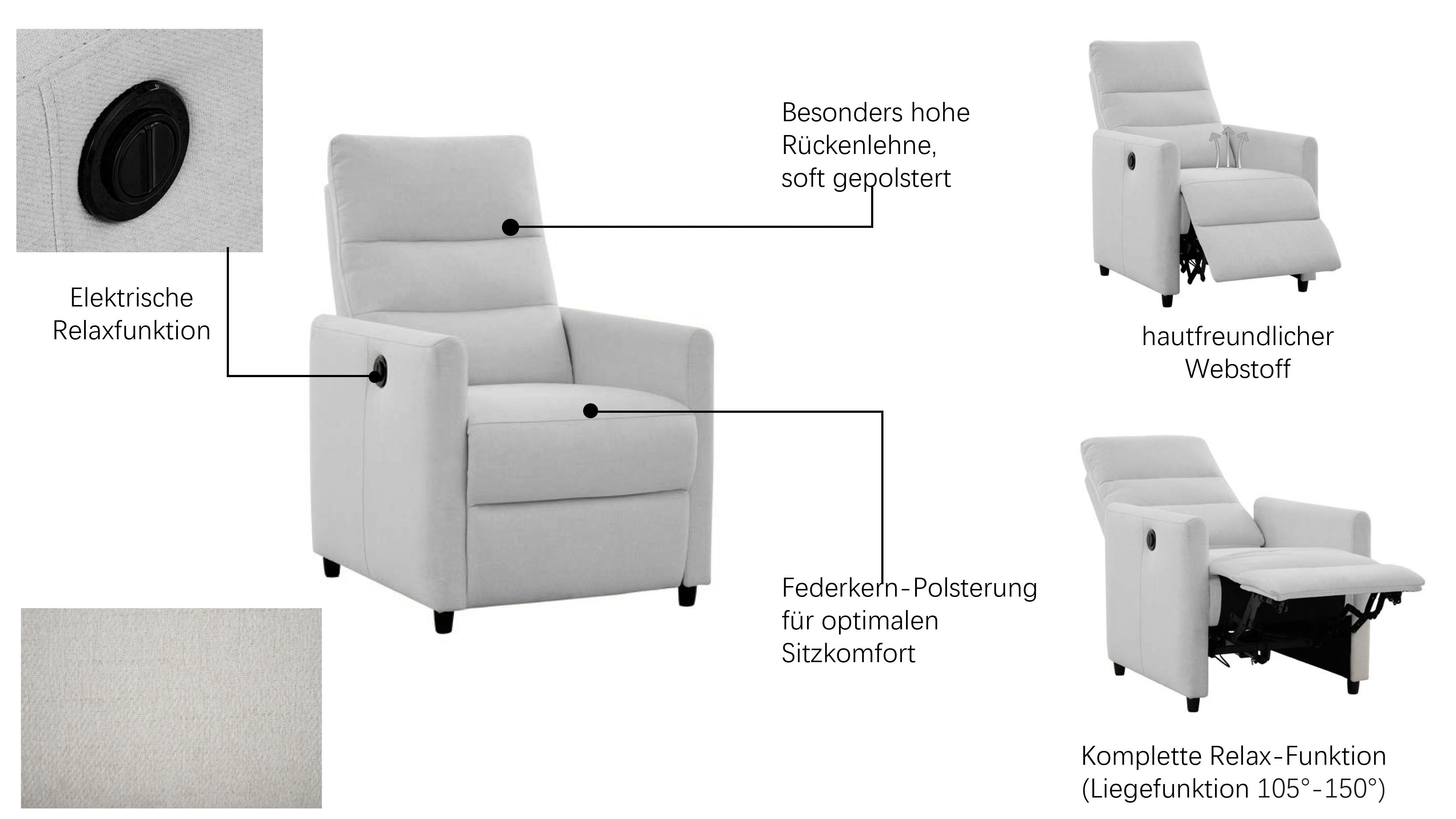 OTTO home Relaxsessel ANNICA, TV-Sessel mit elektrischer Relax- und Liegefunktion, Federkern-Polsterung, pflegeleichter Webstoff