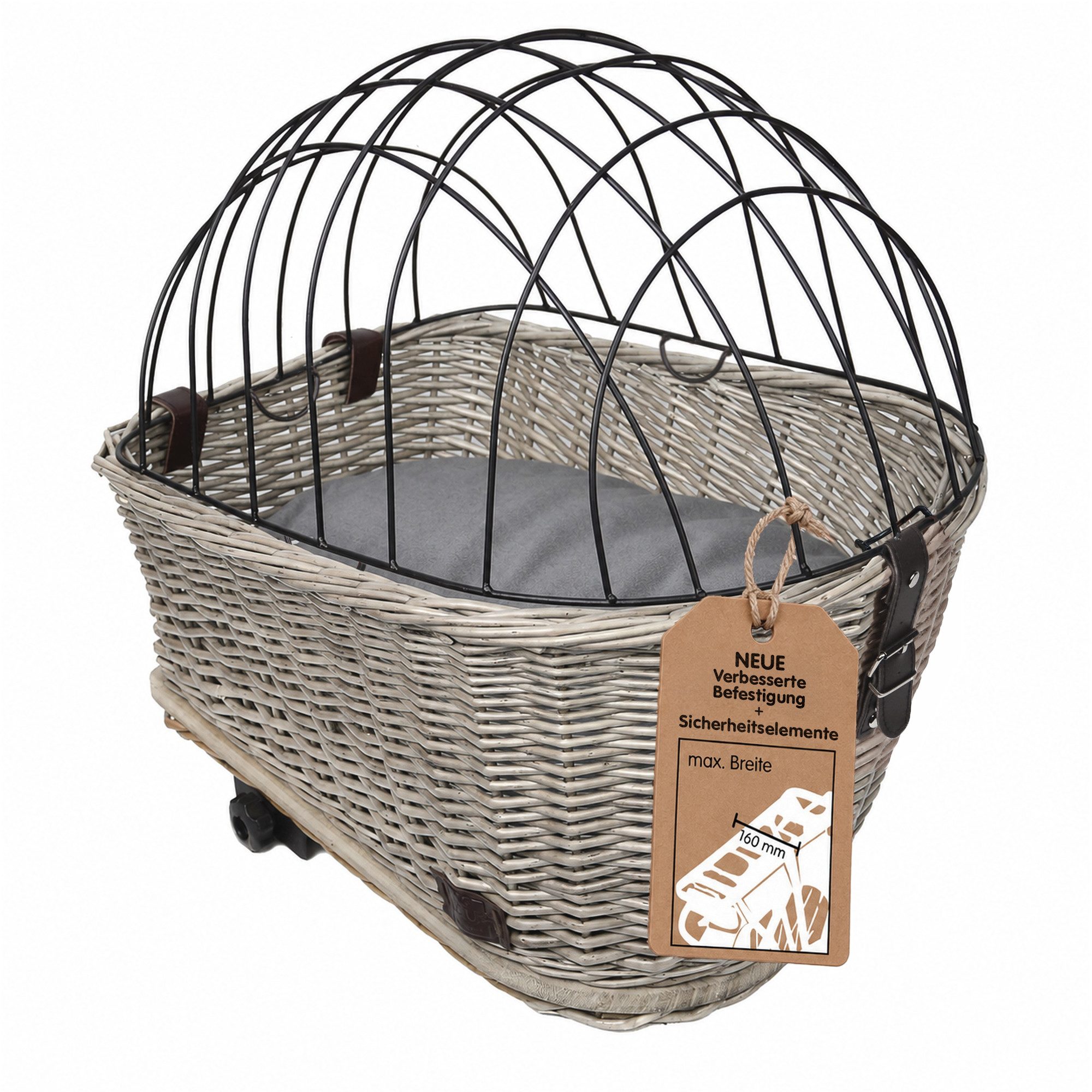 UNUS GARDEN Fahrradkorb Hundefahrradkorb Weide (47x34x29cm (LxBxH), Gitterabdeckung, waschbares Kissen und Schutzriemen