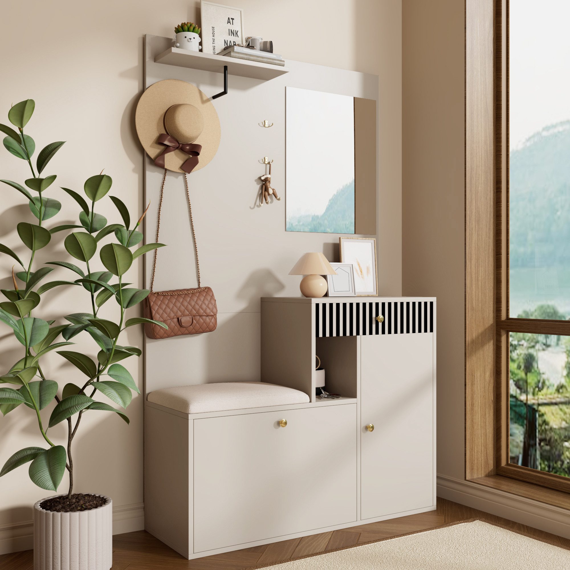 Merax Garderoben-Set mit Spiegel, Schuhschrank & Sitzkissen, (Garderobenkom günstig online kaufen