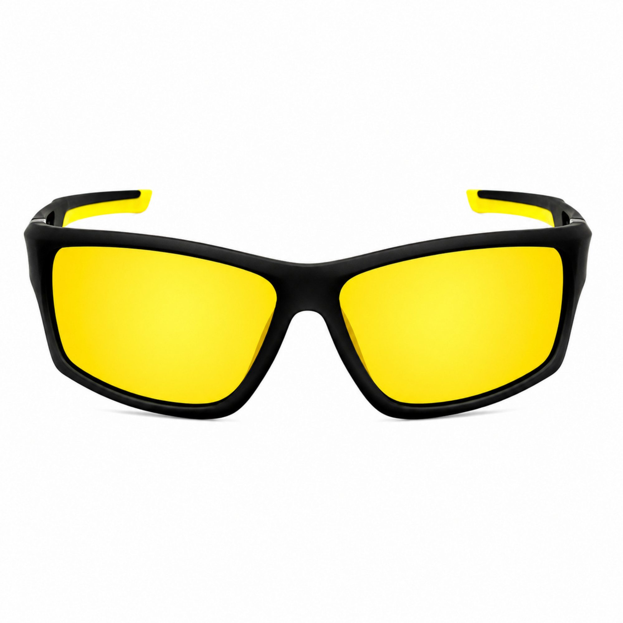 Rennec Sonnenbrille Herren Polarisiert Gelb Getönt Night Vision Nachtfahrbrille Wrap Around Rahmen Schwarz Matt Gläser Gelb UV400 cat.1 Brillenbeutel