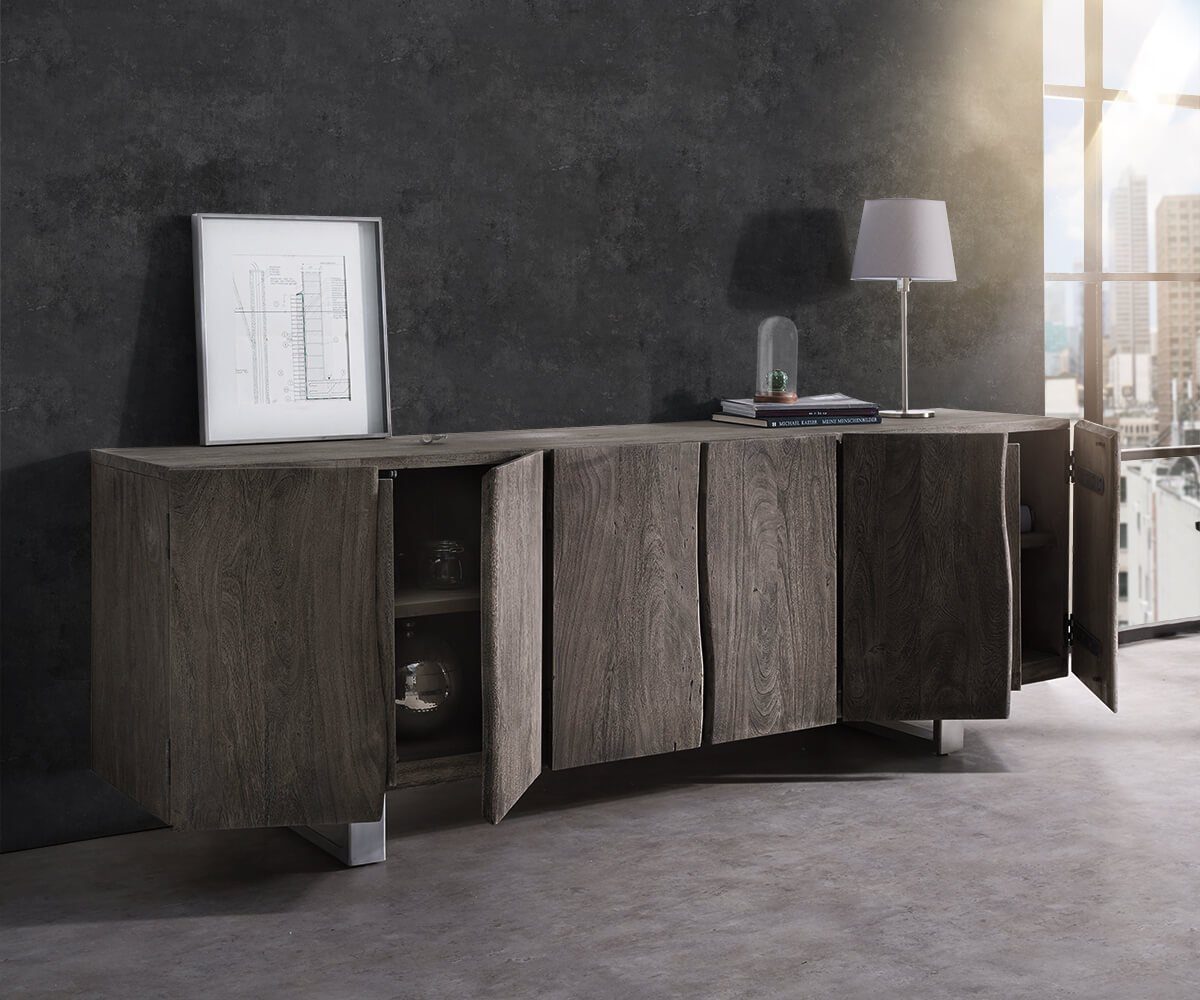 DELIFE Sideboard Live-Edge, Akazie Platin 220 cm 6 Türen Massivholz Baumkante Sideboard