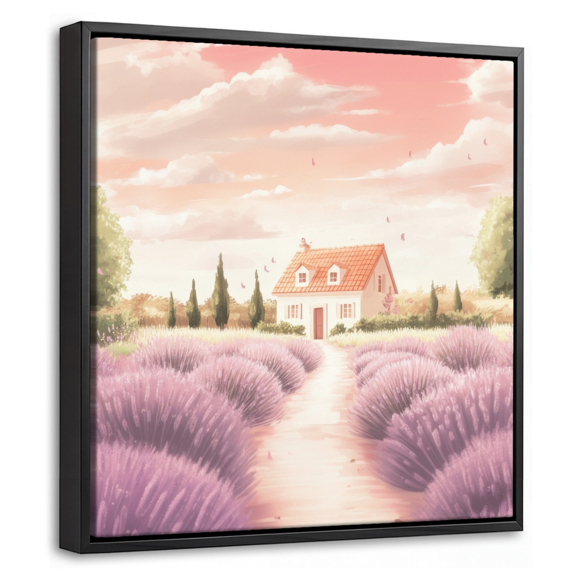 OneMillionCanvasses® Leinwandbild mit Rahmen - Lavendelfeld - Haus - Lila, Fotodruck (1 St), Leinwand Bilder Klein, Wand Dekoration Aesthetic 20x20cm