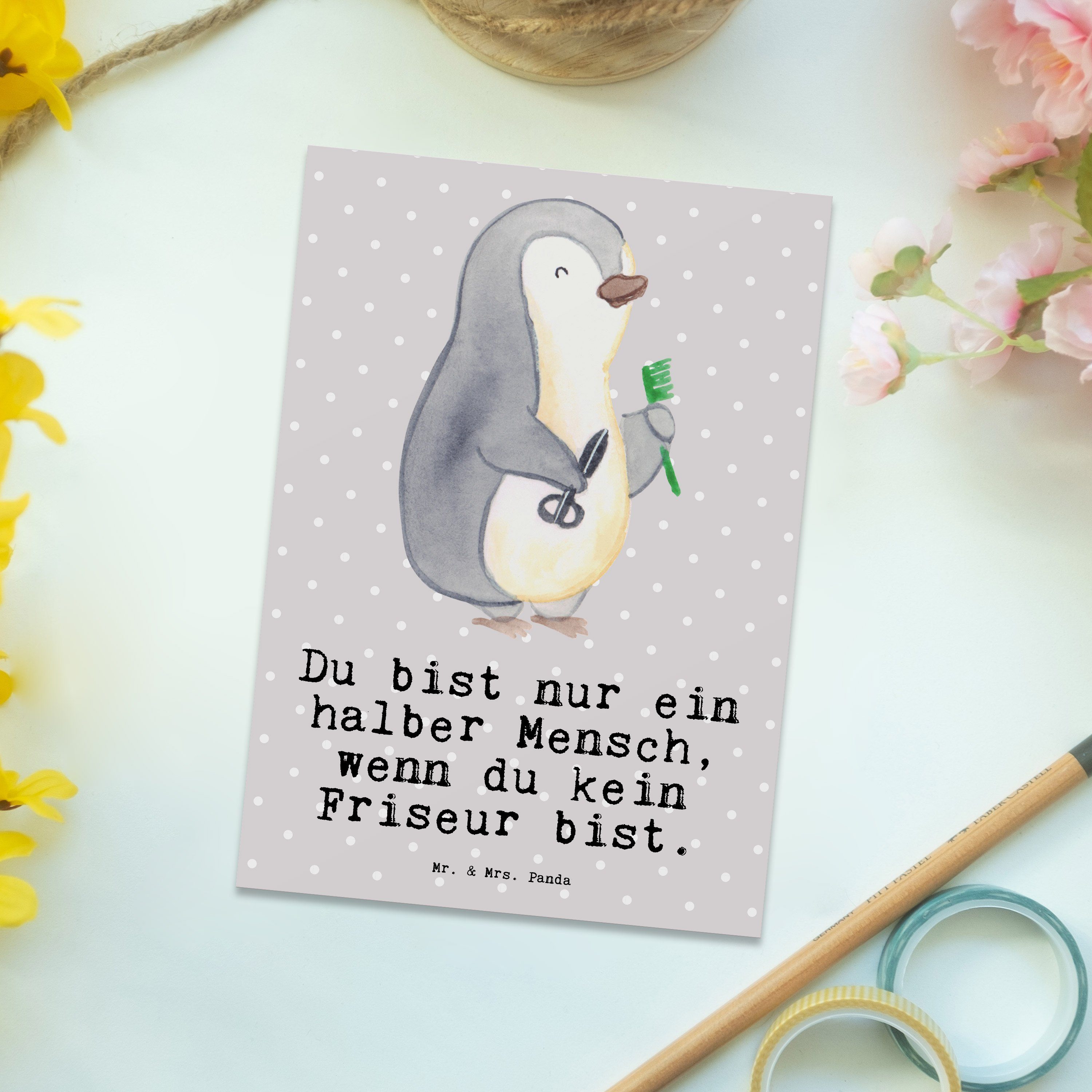 Mr. & Mrs. Panda Postkarte Friseur mit Herz - Grau Pastell - Geschenk, Coiffeur, Frisörbesuch, G