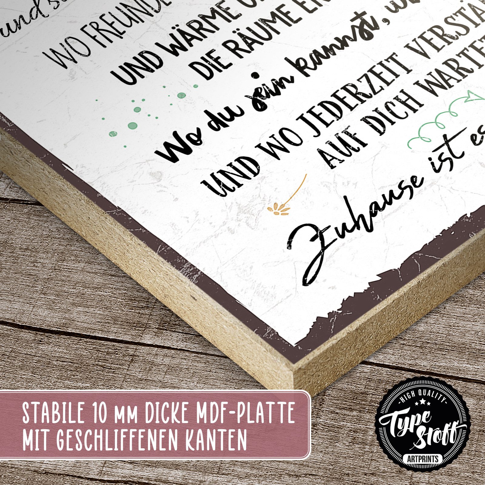 TypeStoff Holzbild Holzschild mit Spruch – Zuhause ist es am schönsten, Zuhause