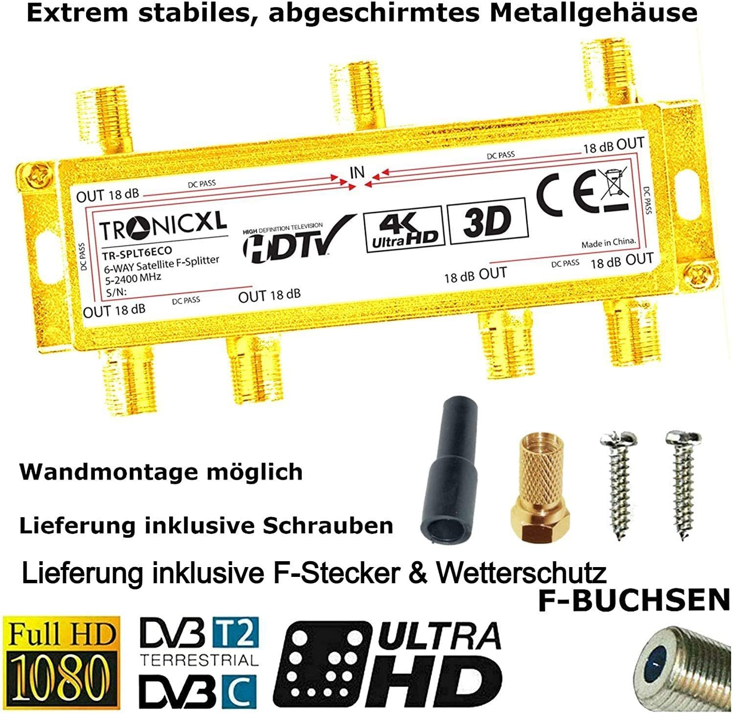 TronicXL SAT-Verteiler 6fach Sat Verteiler + F-Stecker + Wetterschutz TV Kabel Verteiler, HD, 3D, 4K