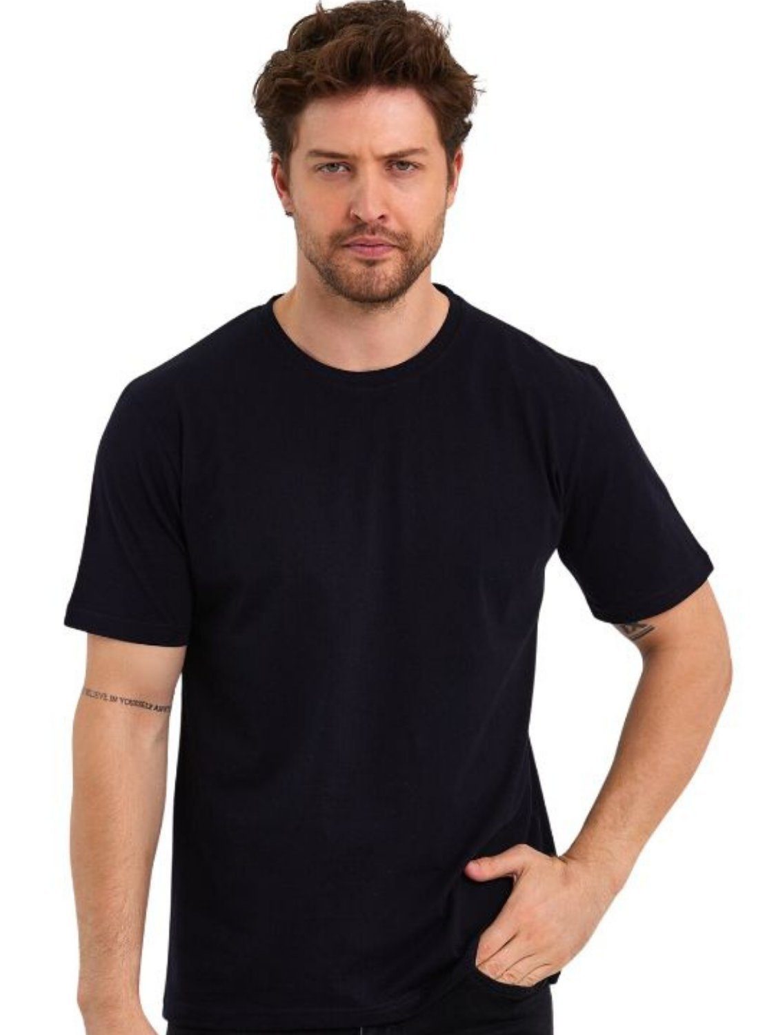 Baumwolle T-Shirt COMEOR Ärmel 1-tlg) gerader Dunkelblau Herren (Packung, Abschluss Basic mit T-Shirts