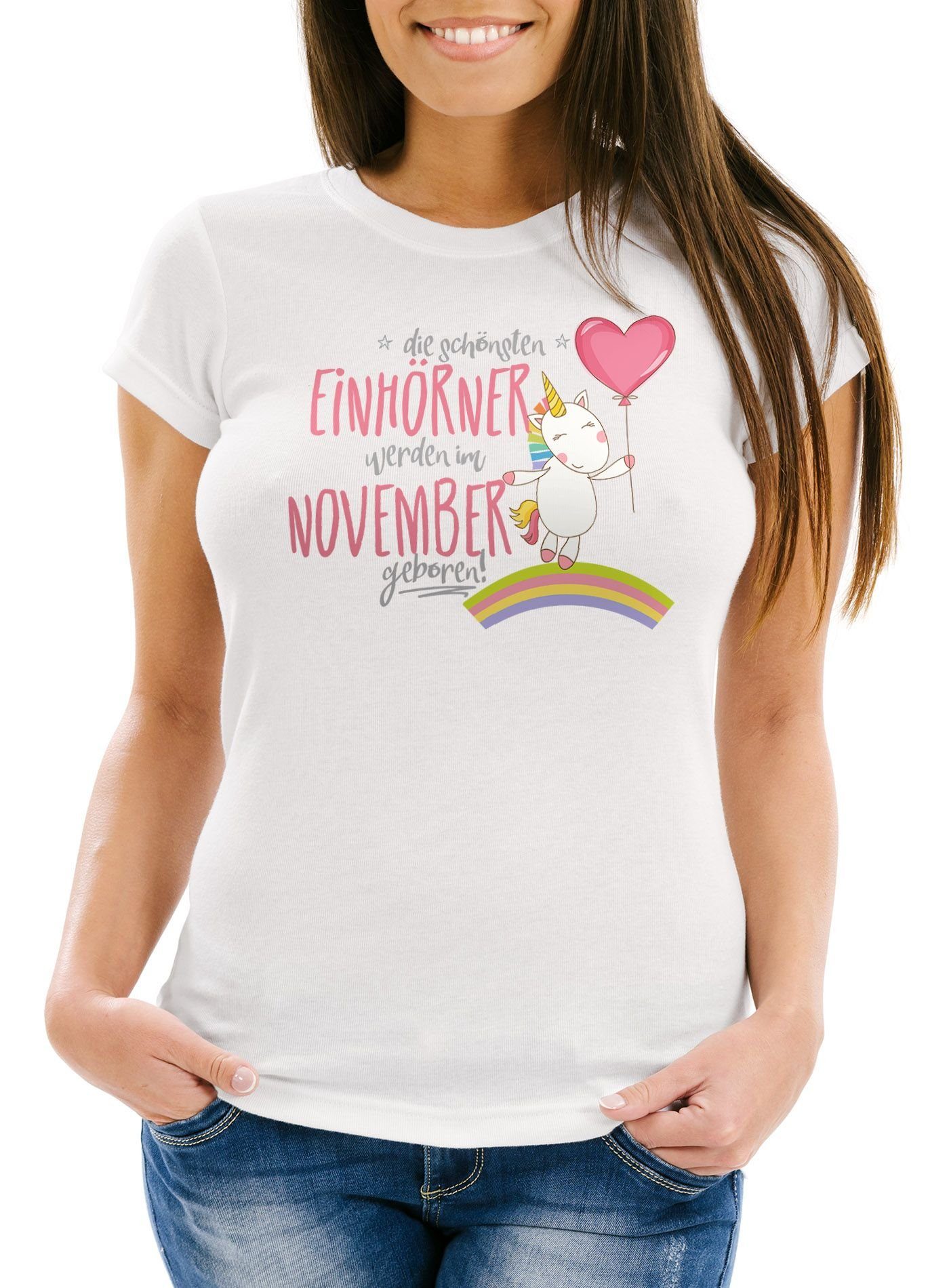 MoonWorks Print-Shirt Damen T-Shirt die schönsten Einhörner werden im  November geboren Slim Fit Geschenk Geburtstag Moonworks® mit Print