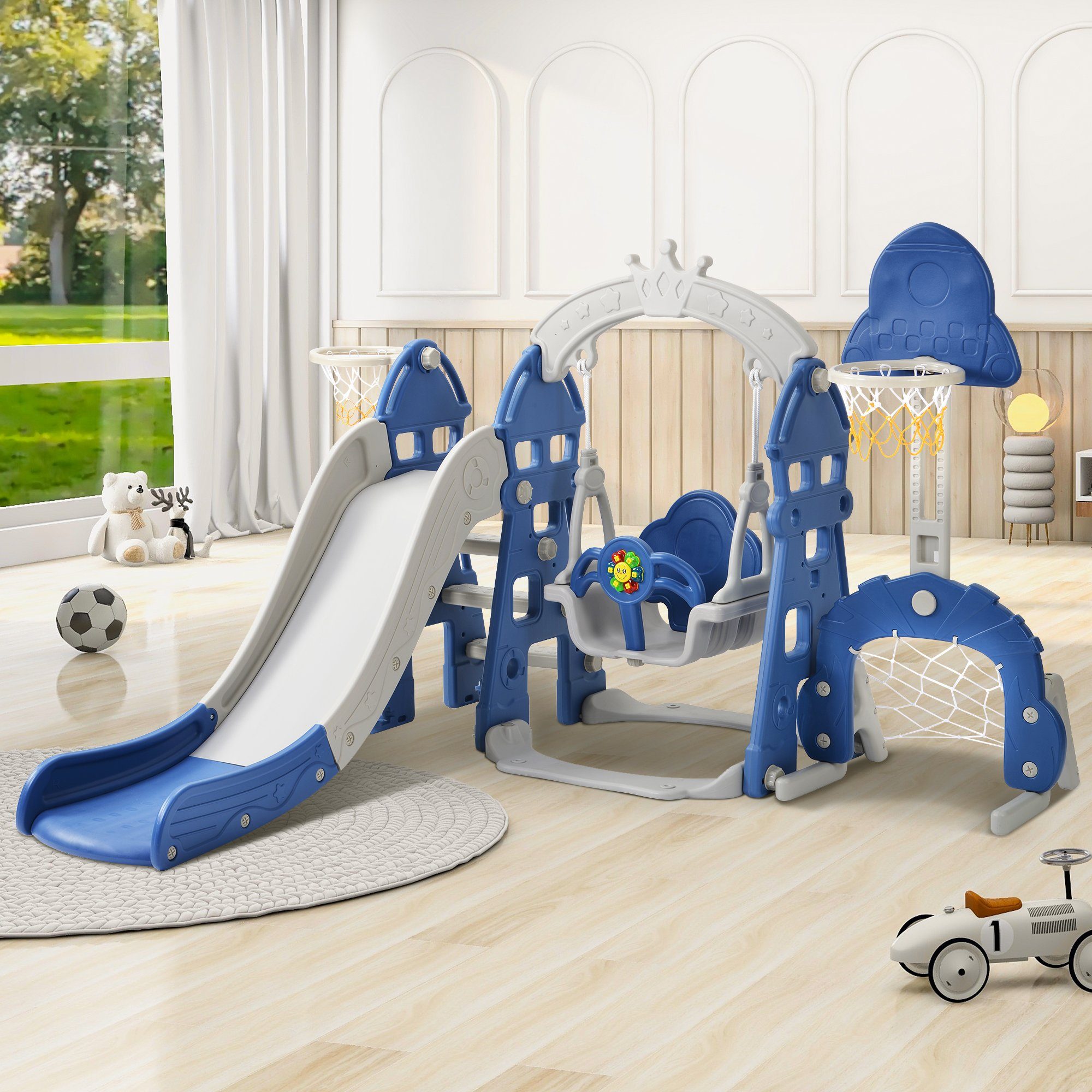 Basketballkorb Blau Gartenrutsche, Kleinkinderrutsche, & (Schaukel mit Fußballtor Rutsche Kinder Schaukel Indoor-Rutsche mit Outdoor in Indoor multifunktional Kinderrutsche Kletterturm), 2-8 für Rutsche 1 Jahre Fun-Slide Rutschbahn WISHDOR 5