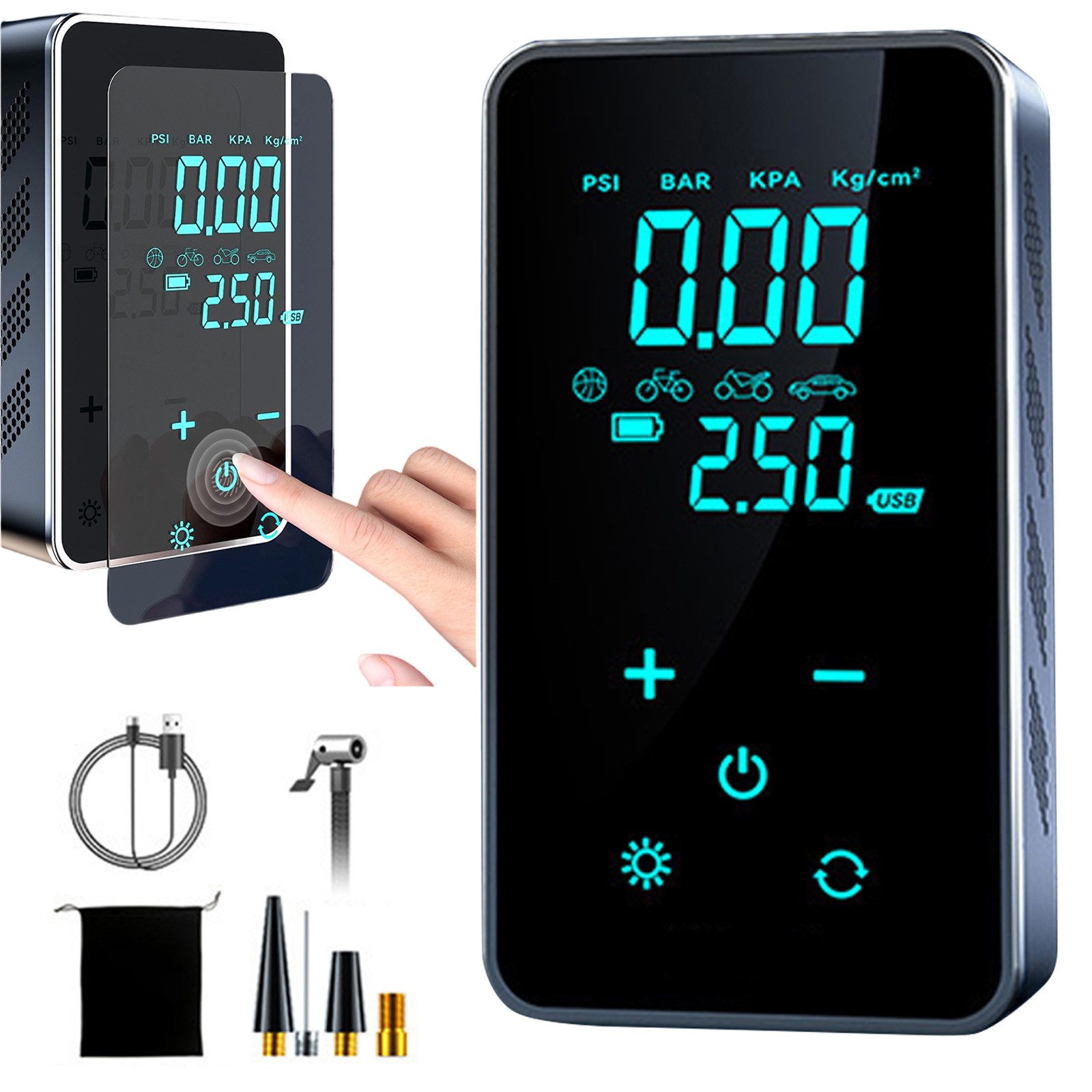 REDOM Luftpumpe Elektrische Mini Reifenpumpe Luftkompressor (Mini Kompressor, 1-tlg., 150PSI, 4 Modi, USB-C Ladefunktion), mit LED-Licht für Auto Motorrad Fahrrad Ball usw