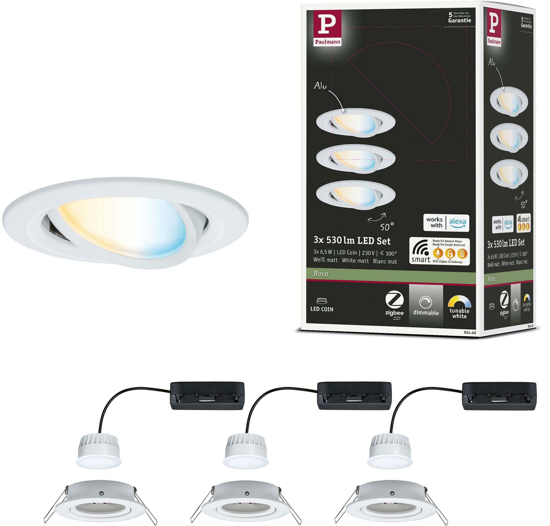 Paulmann LED Einbauleuchte LED Einbauleuchte Nova Coin rund 84mm 50°, LED fest integriert, Tageslichtweiß, Memoryfunktion, Farbwechsler, Farbsteuerung, Dimmer, Smart Home