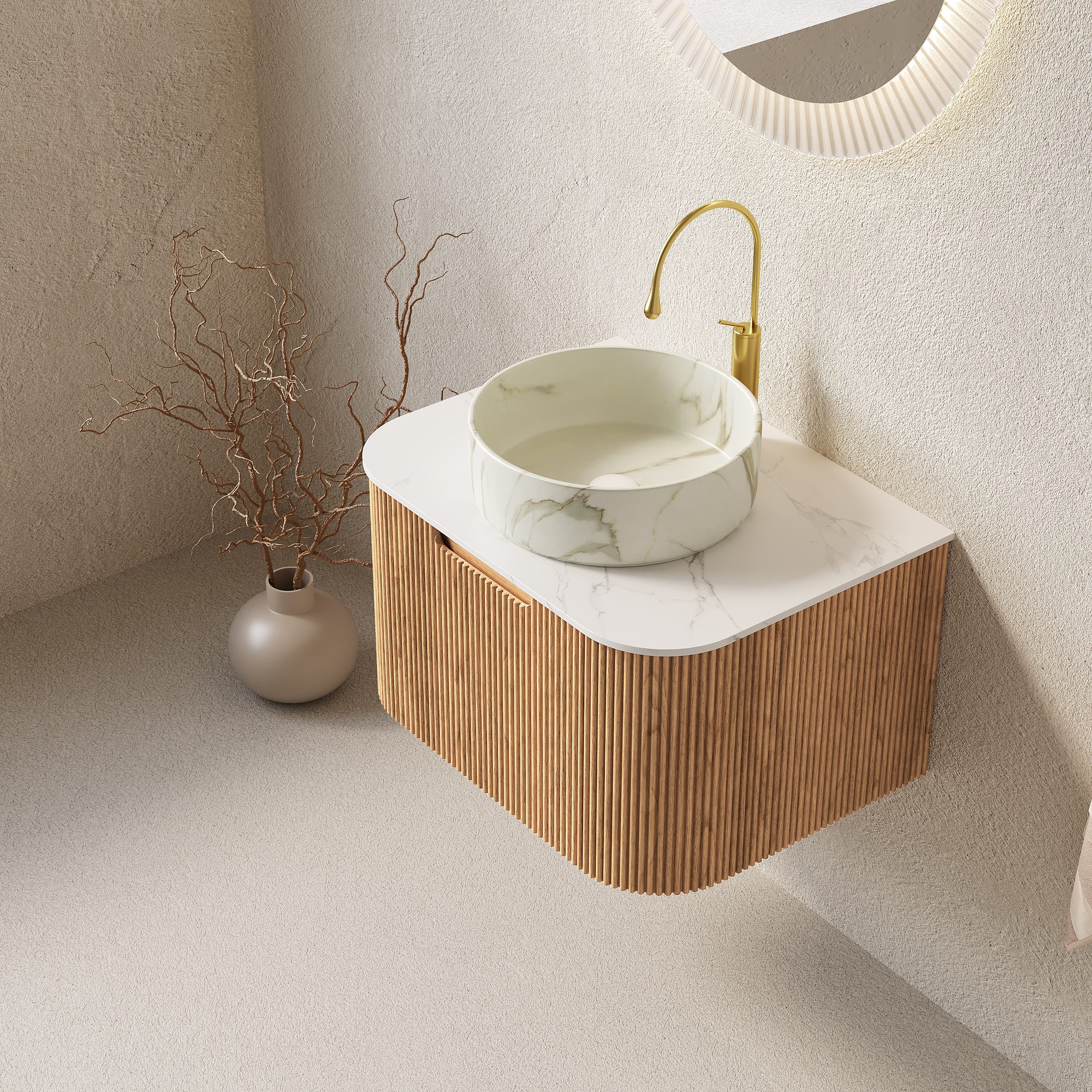 Odikalo Waschtisch Badmöbel Unterschrank Waschbecken Wandhalterung Schublade Natur Weiß (DINA 61cm Hängende Badezimmer-Waschtisch mit weißes Keramik-Waschbecken / Rund Keramikbecken / Transparentes Rundes Glasbecken, weiße Arbeitsplatte, gebogene Kanten gestreifter Sperrholzschrank mit Schublade, vormontiert, natürliche Holzmaserung Farbe)