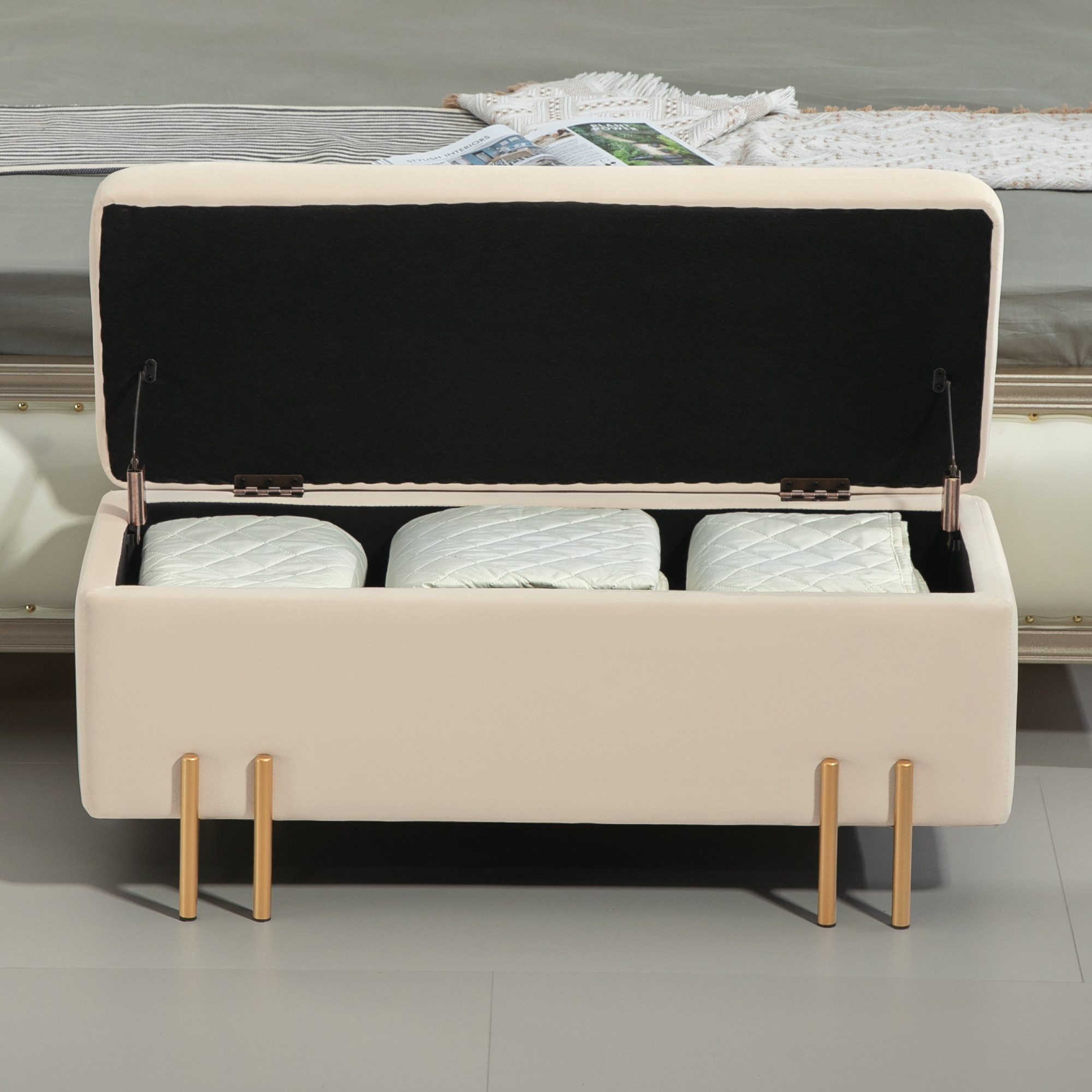 Sitzbank mit Stauraum 100x40x42 cm, Beige, Samtoptik, Holzbeine
