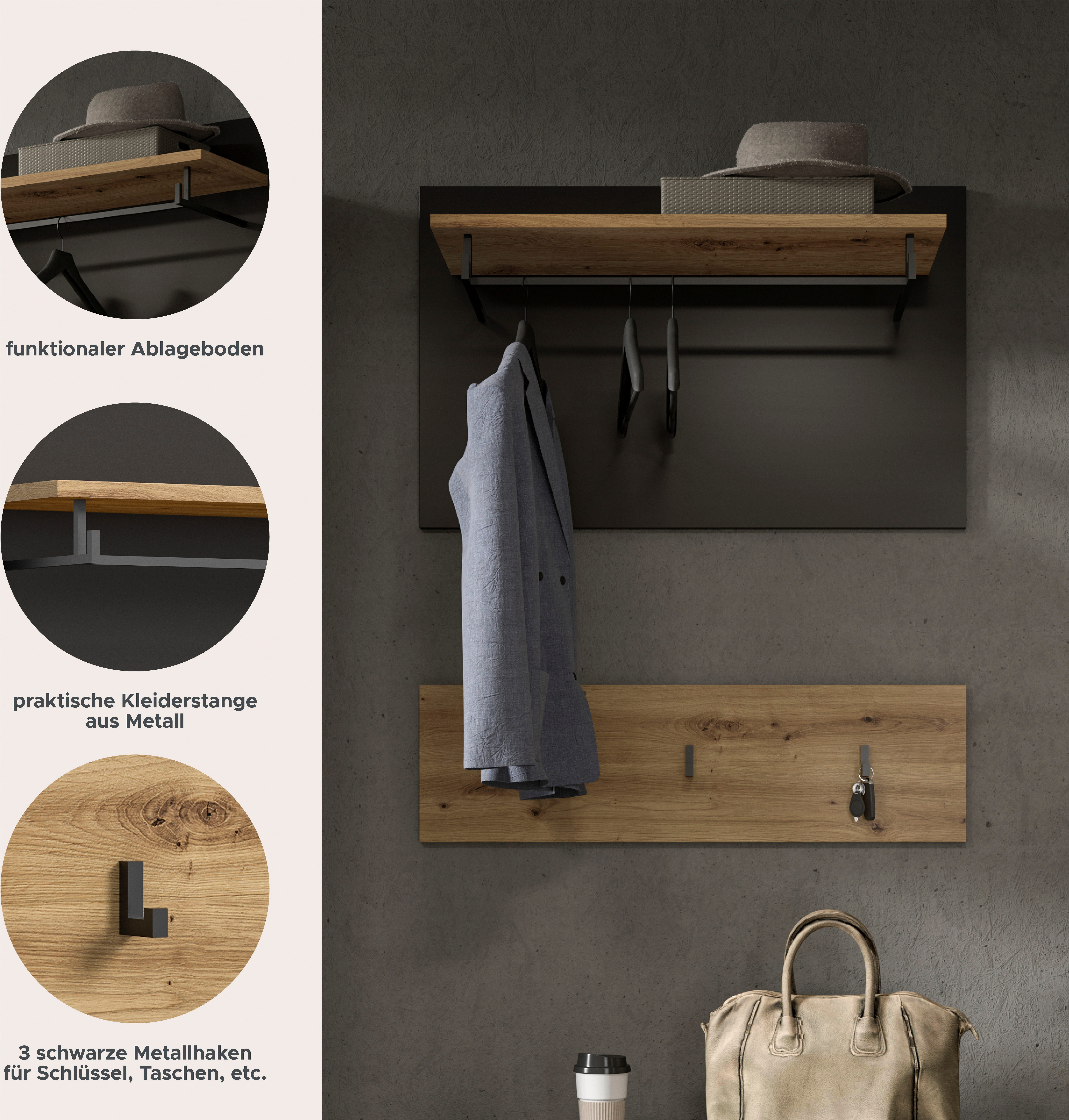 Home affaire Garderobenpaneel REHAT, TOPSELLER!, 2-teilig, bestehend aus: Paneel & Hakenleiste (1 St., in verschiedenen Farben erhältlich), Paneel, Hakenleiste, Wandboard, Garderobe, Garderobenleiste