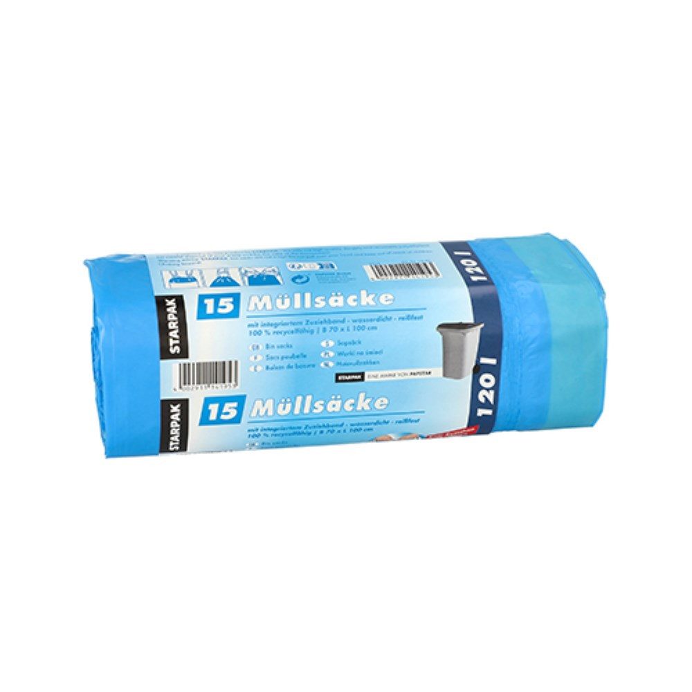 Müllbeutel 15 Müllsäcke mit Zugband, LDPE 120 l 100 cm x 70 cm blau