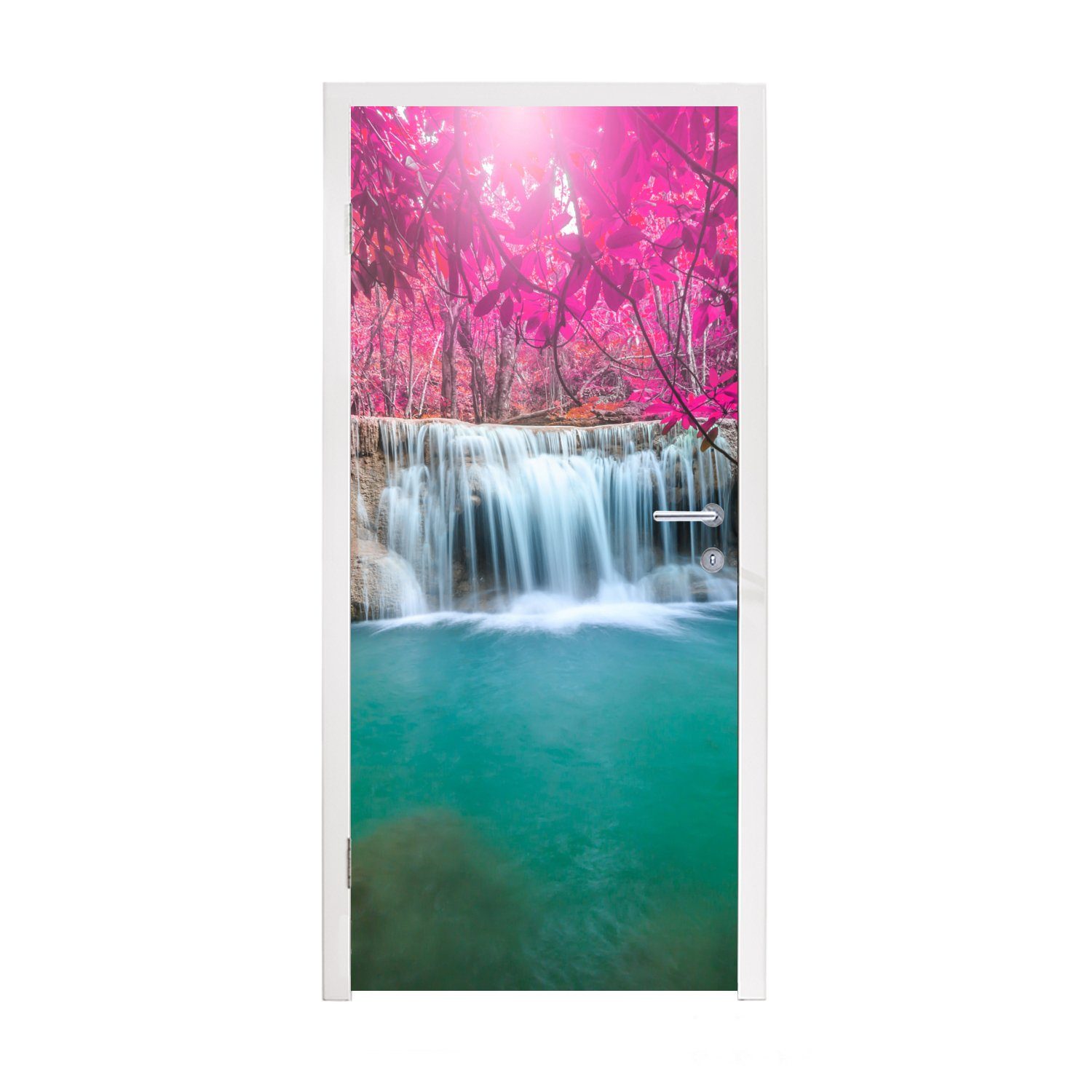 - Natur, 75x205 St), Türaufkleber, Tür, - Rosa MuchoWow Wasserfall cm Matt, für Fototapete bedruckt, Baum (1 - Türtapete