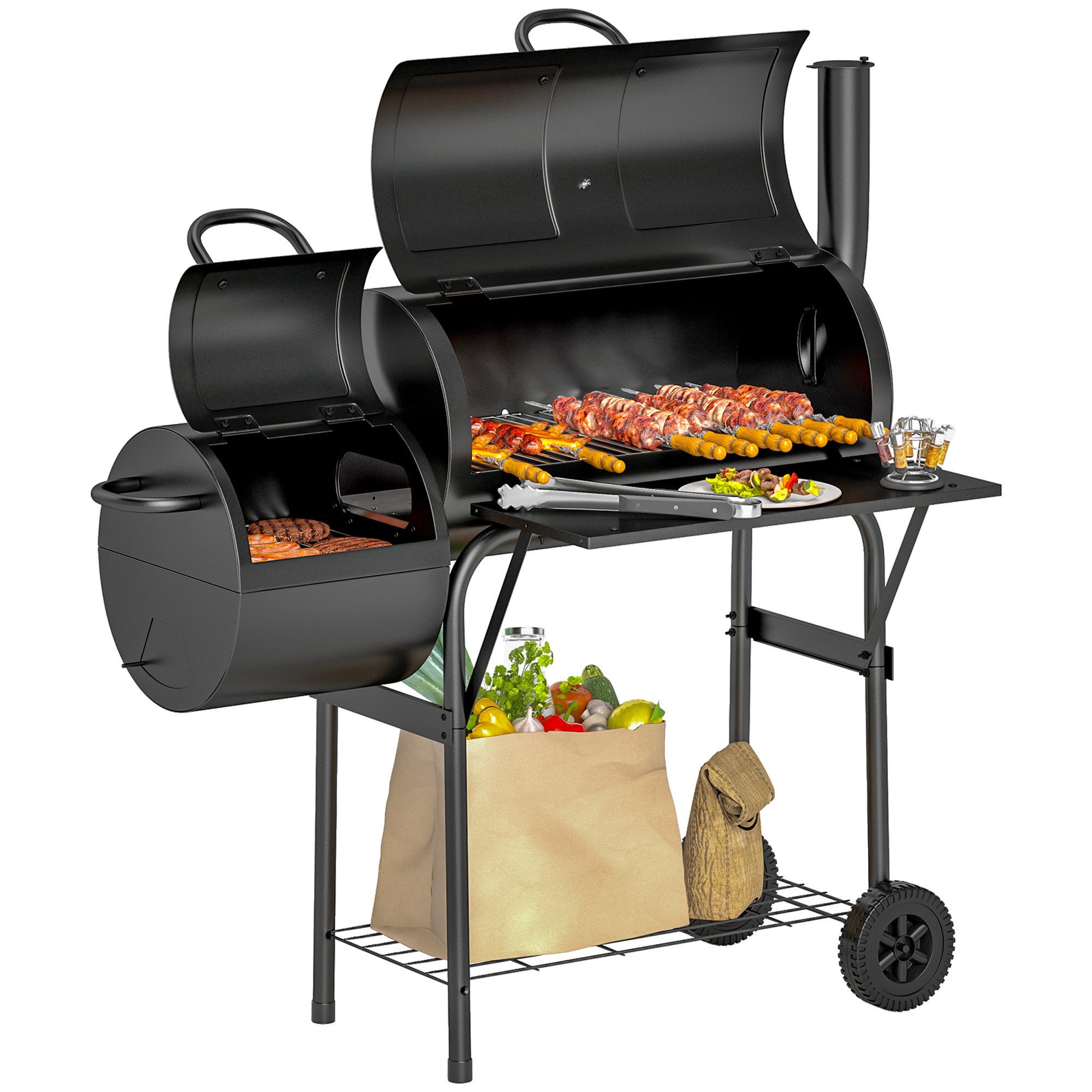 Outsunny Holzkohlegrill mit Deckel, Thermometer, Räder, Ablage, Luftzufuhr, Kohlewanne, fahrbar Grillwagen, Kohlegrill aus Stahl, für Barbeque Camping, Garten, 109 x 60 x 120 cm