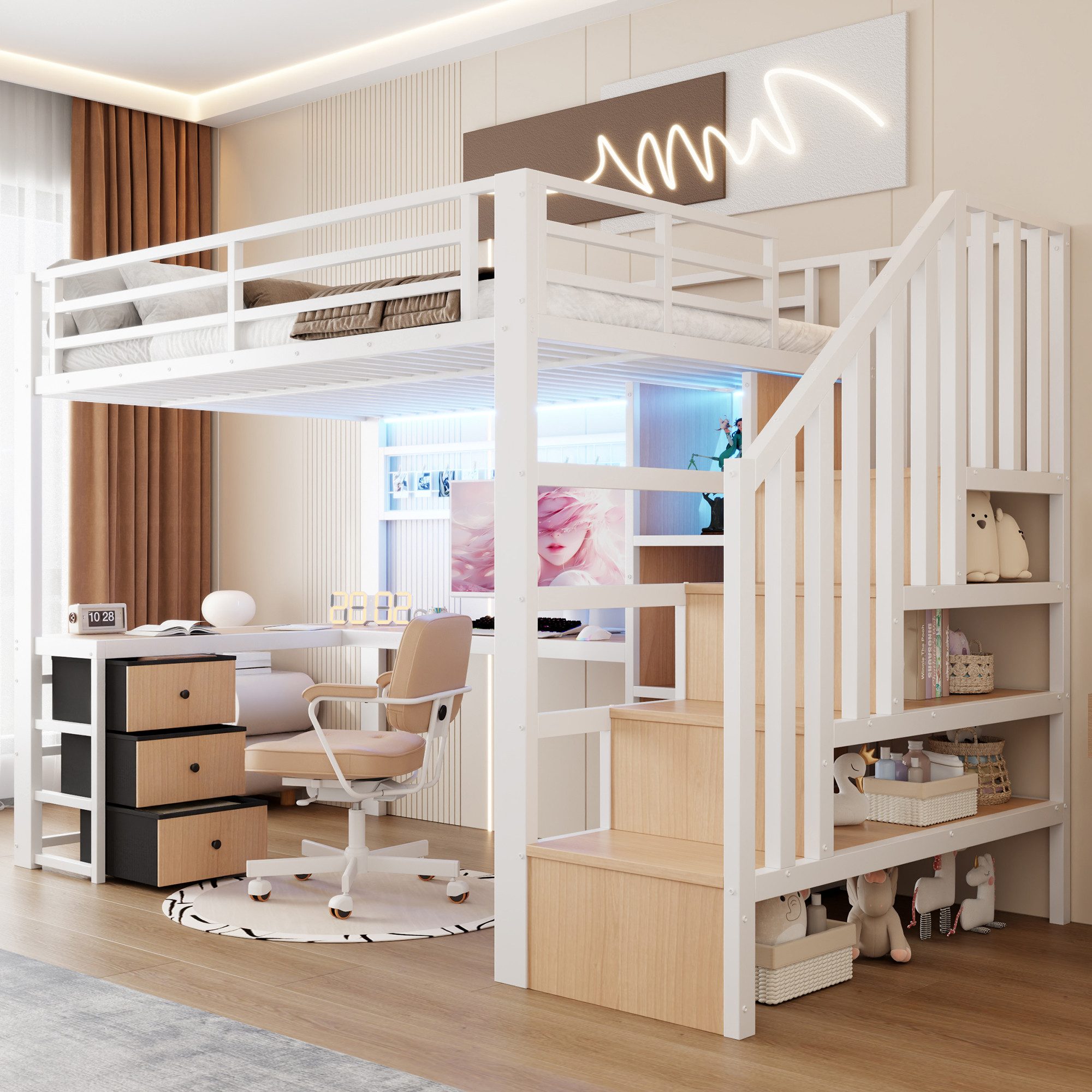 OKWISH Hochbett Jugendbett Metallbett (mit Ablagefach, 4 Schubladen, Gitter zum Aufhängen von Gegenständen, Schreibtisch, LED-Lichtleiste und Stauraumtreppe, 90 x 200 cm) ohne Matratze