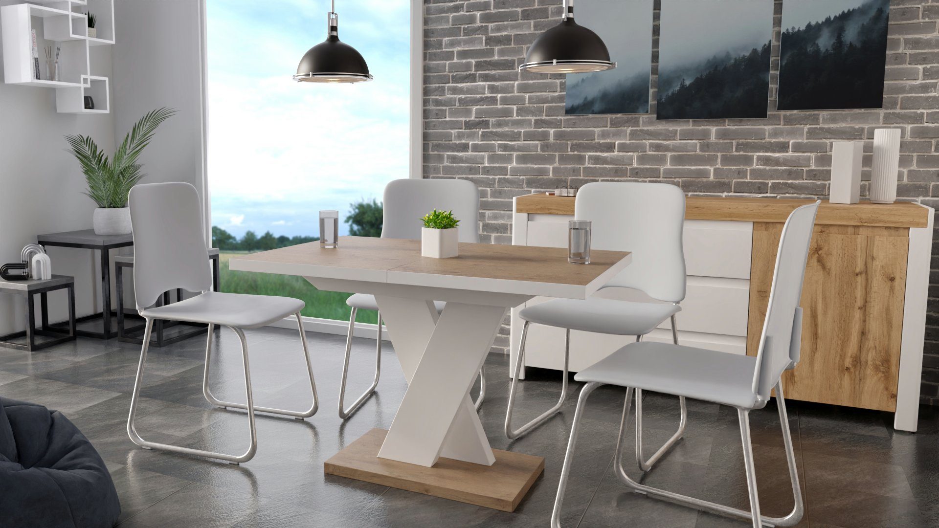 designimpex Esstisch Design Esstisch Tisch MA-666 Hochglanz ausziehbar 120 bis 200 cm Eiche Lancelot - Weiß matt